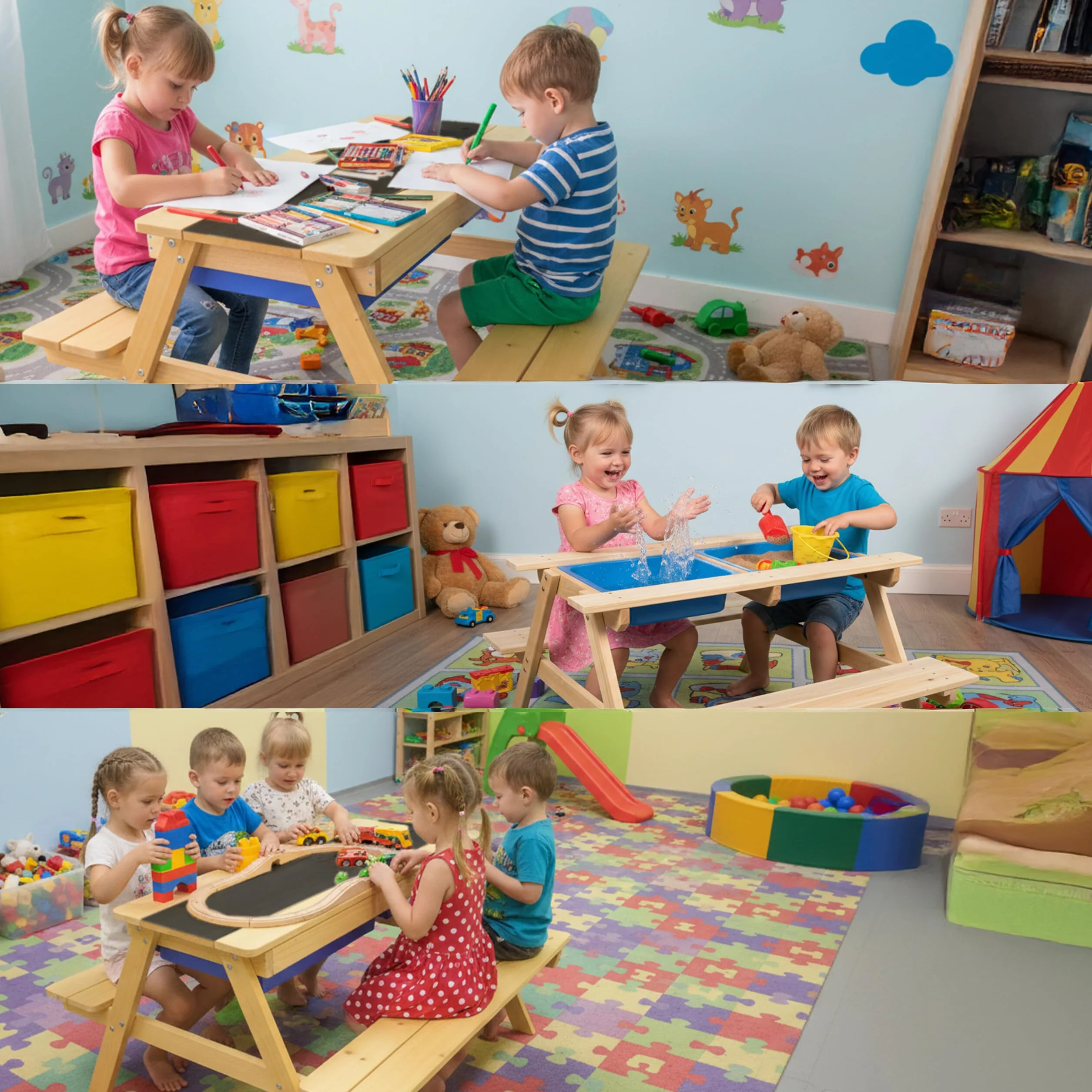 Relaxdays Table-bancs Enfants en Bois 3-en-1, Jeu, Cuisine, Pique-Nique, Ardoise, HxLxP 48,5×89×85 cm, Naturel