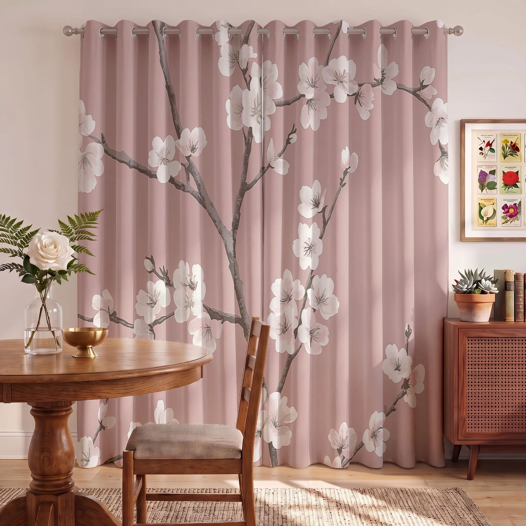 Rideau Cerisiers En Fleurs Japonais Chambre, 2 Pièces 140X160 Cm (Lxh) | Rideaux Occultant Fleurs Élégantes Branches Salon, Thermique Oeillets Fenêtre Decoration, Opaque Draperies Rose