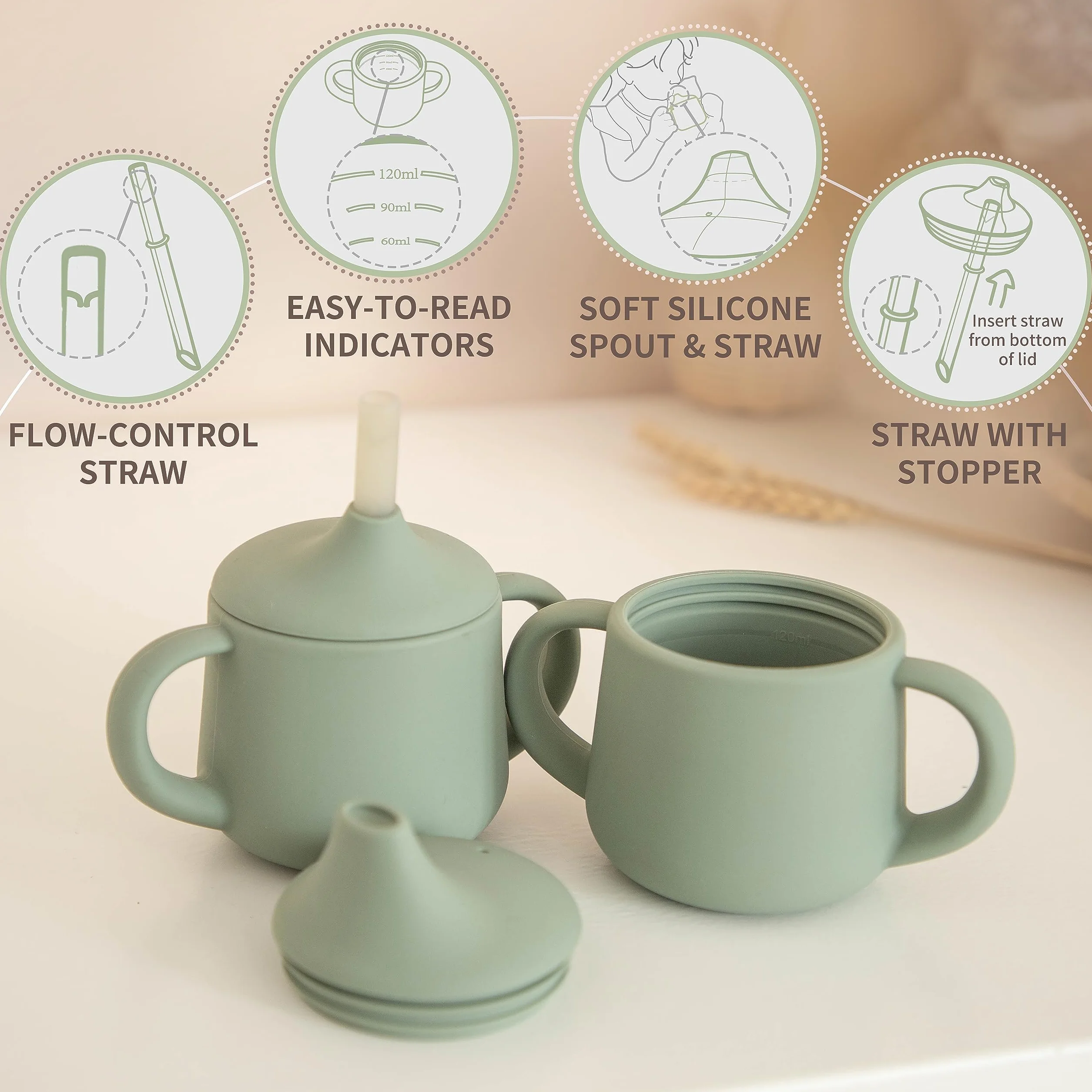 Moonkie Verre Bébé Apprentissage Anti Fuite 120ml, Tasse 3-en-1 en Silicone, Gourde avec Poignées, Compatible Lave-Vaisselle (Vert Gris)