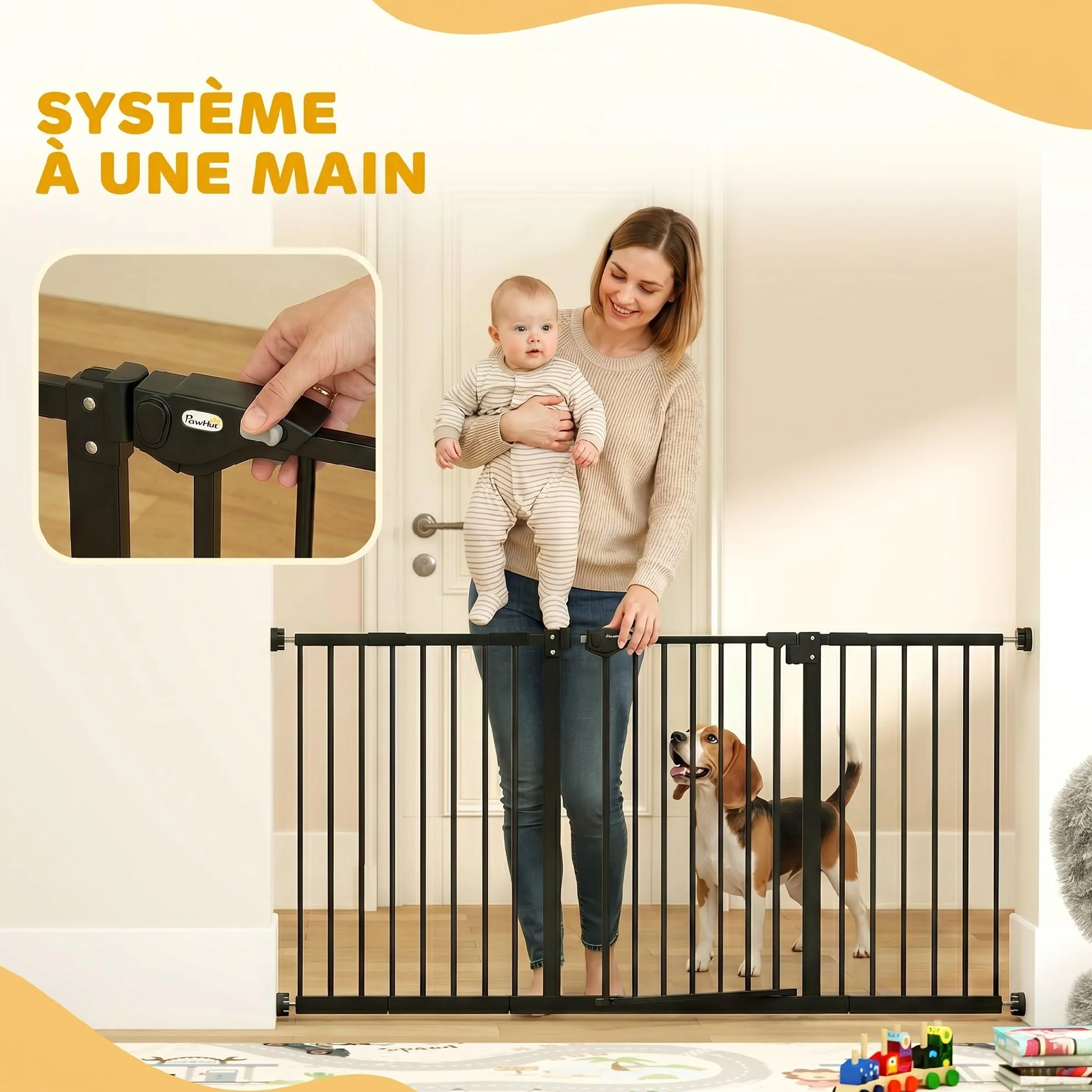 PawHut Barrière de sécurité Animaux 74-148 x 76,2 cm Porte Fermeture Automatique Double Verrouillage sans perçage 3 Extensions Noir