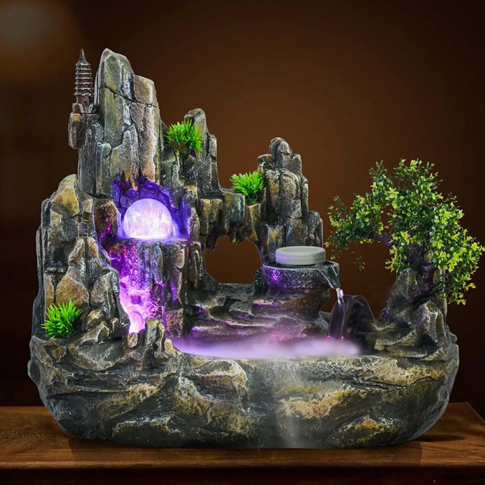 Fontaine intérieur LED avec plante verte brouillard cascade table