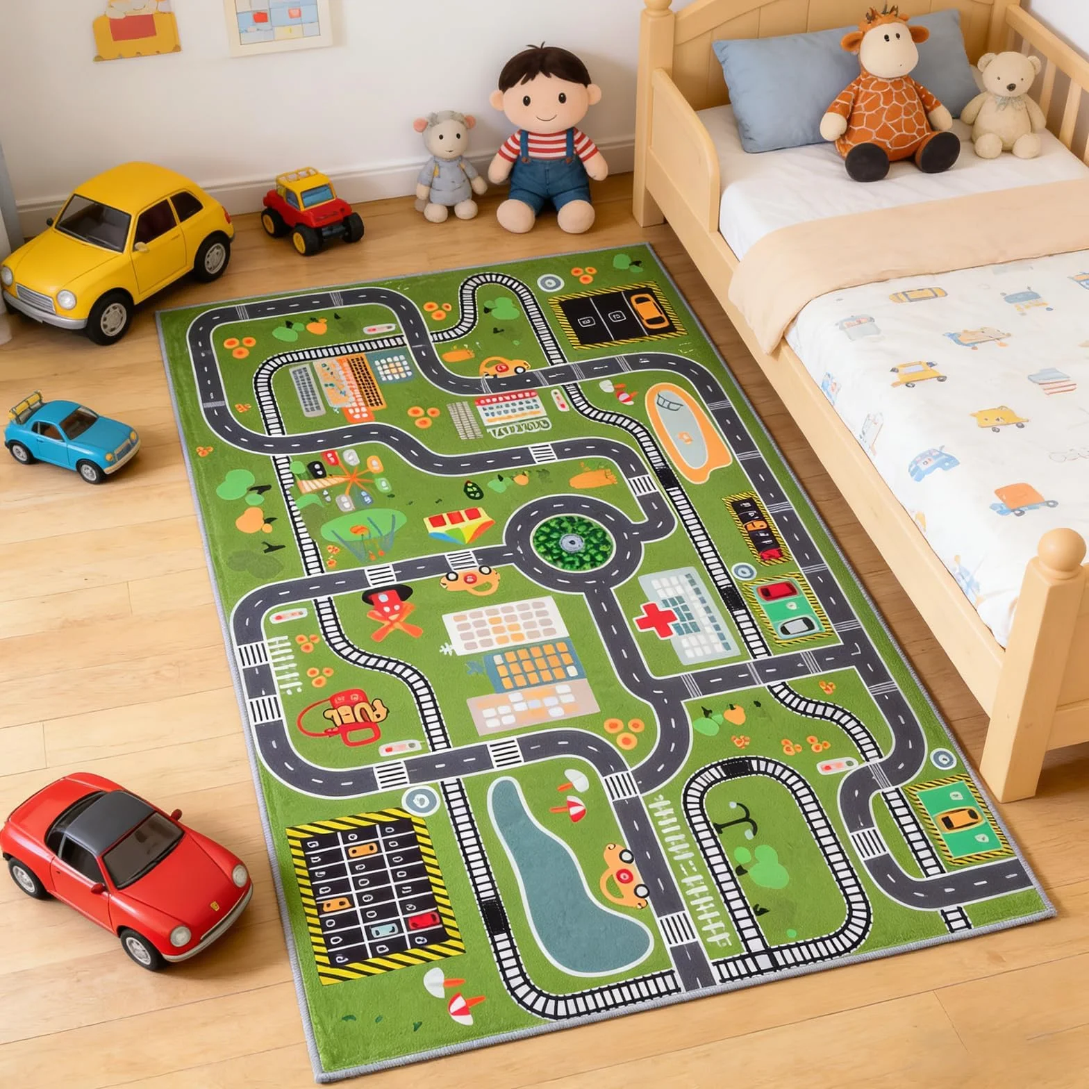 Tapis de Jeu éducatif Plan de Ville, Sol épais rembourré pour Chambre de garçon, Apprentissage interactif avec stationnement et Panneaux de signalisation