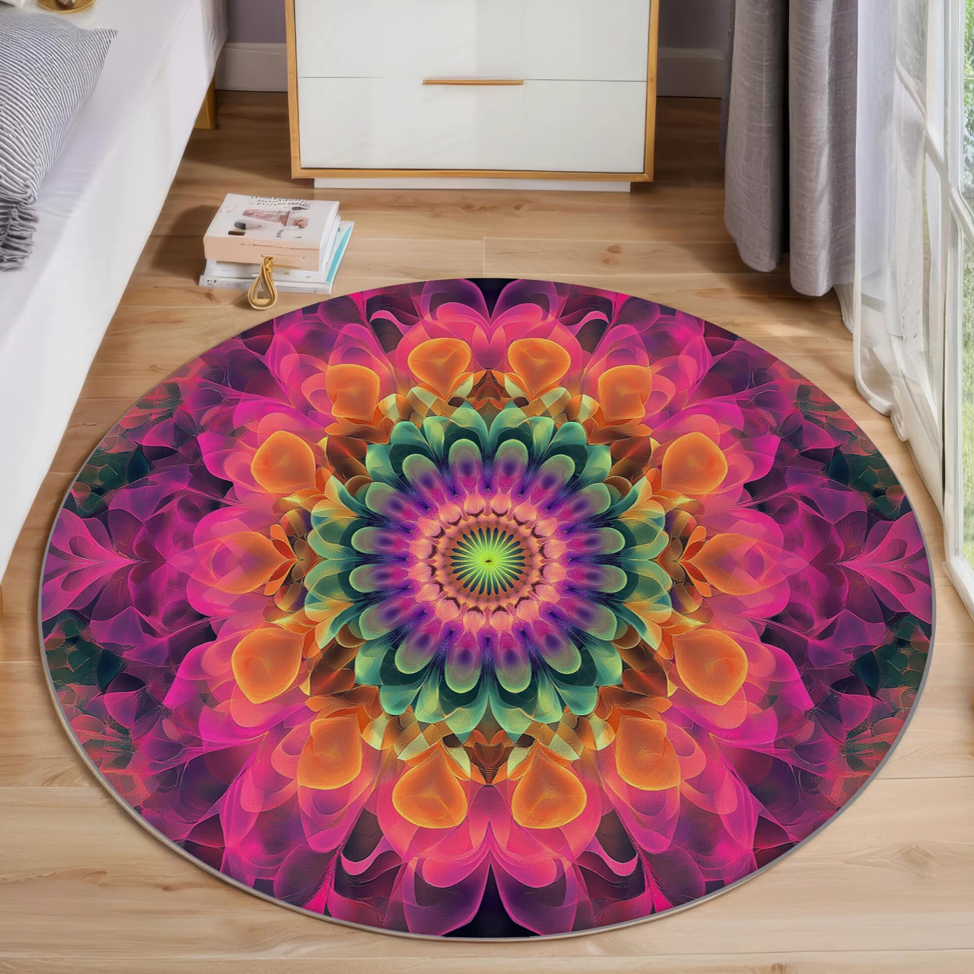Rond Tapis Salon Rose Moquette 3D Mandala Tourbillonnant Chambre De Décoration Poil Ras Lavable en Machine Paillasson Art Psychédélique Antidérapant Salle A Manger Chambre Adulte,120Cm