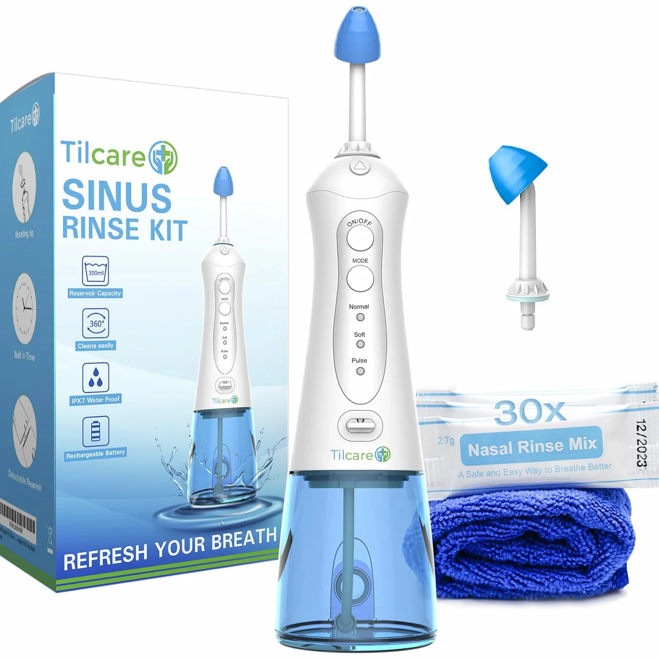 Tilcare Kit d'irrigation nasale électrique Pot Neti avec serviette et 30 sachets de sel