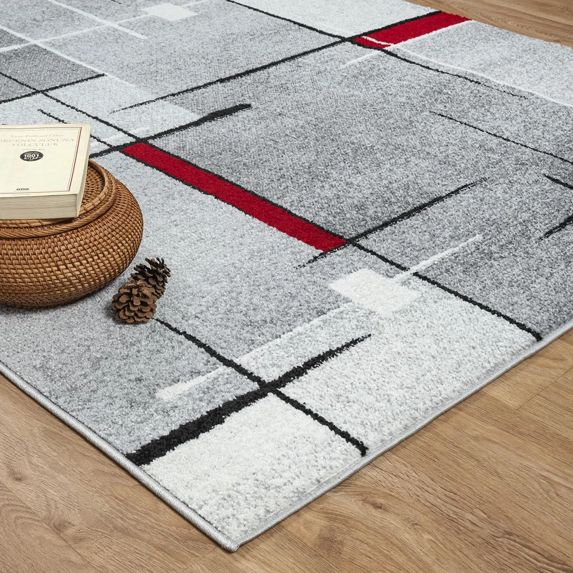 Tapis à Poils Courts et Denses Géométrique Gris Rouge 240 x 330 cm