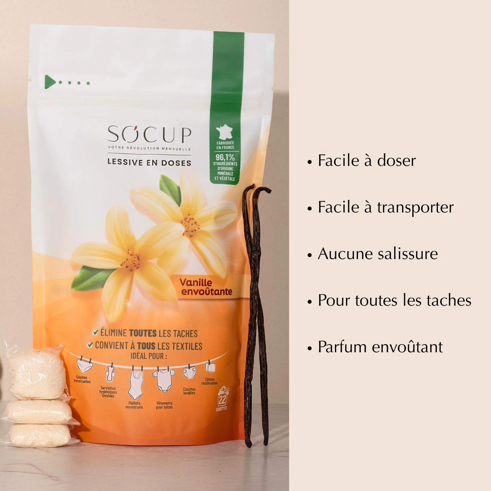 Lessive en Doses pour Culottes Menstruelles, Maillot de Bain Menstruel, Serviettes Hygiéniques et Couches Lavables Vanille Envoûtante 96% d'origine minérale et végétale