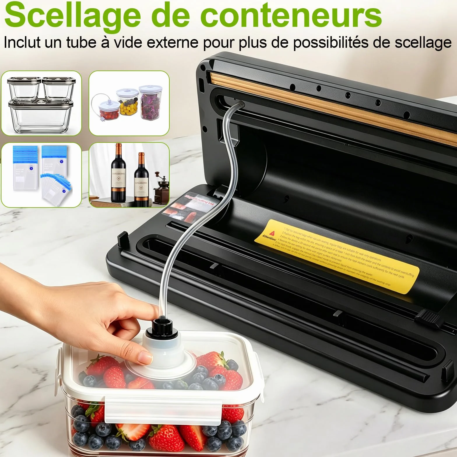 Machine Sous Vide Alimentaire Automatique, Appareil Professionnel avec Cutter Intégré, 20 Sacs, 1 Sac Enroulable et Tube