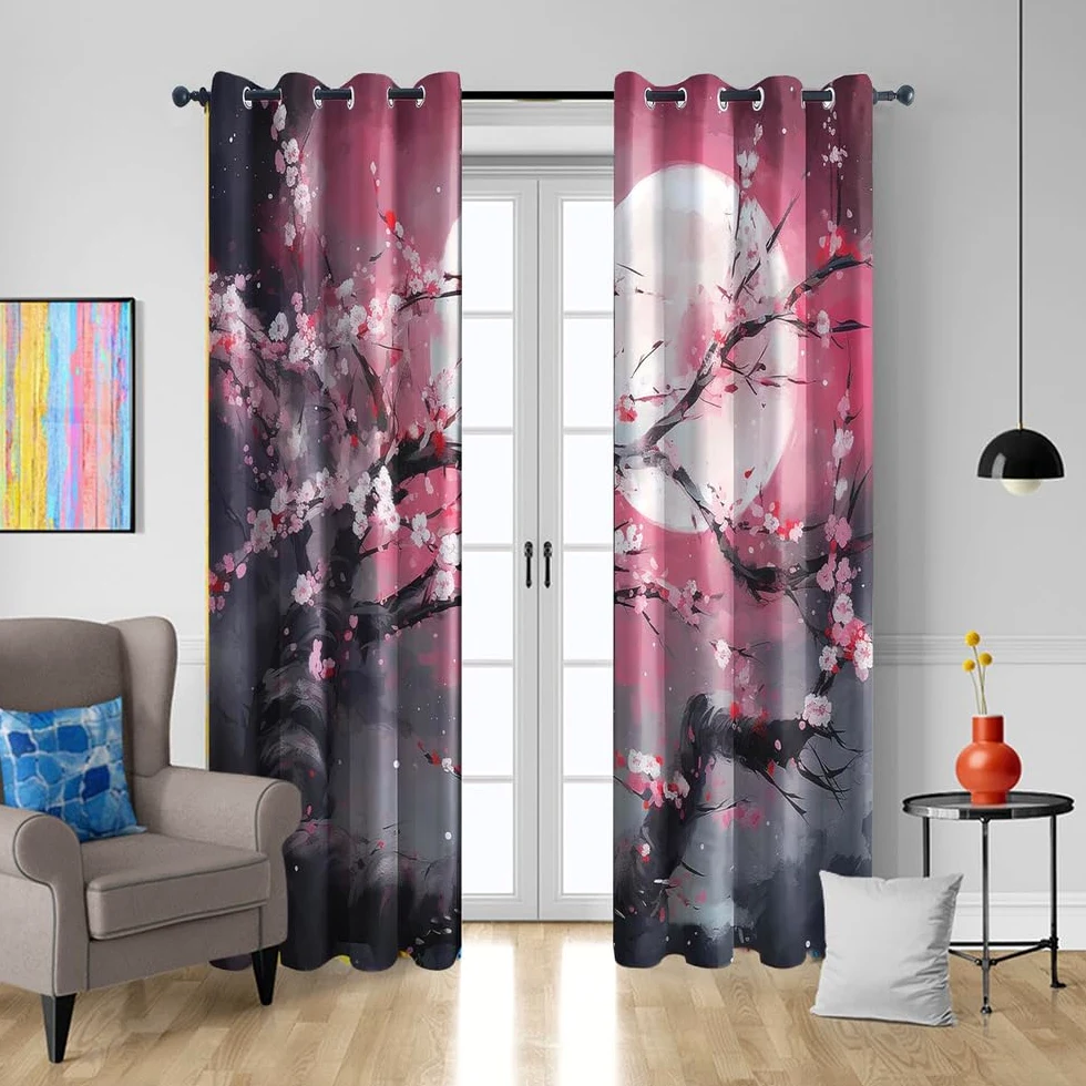 Rideau Motif Style Japonais Fleurs de Cerisier, Rideaux Thermiques Isolant Anti Froid, Rideaux Occultant À Oeillets, Lot De 2 Rideau Blanche Motif 140x240 Cm Décoration Salon,L,140x200H cm (2 panels)