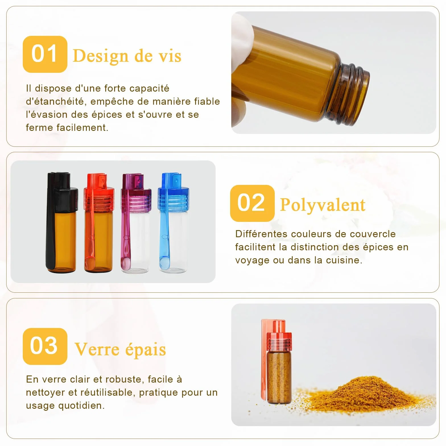 Flacon de Poudre à épices en Verre 51mm avec Cuillère et 2 Entonnoirs Argentés pour Camping Voyage