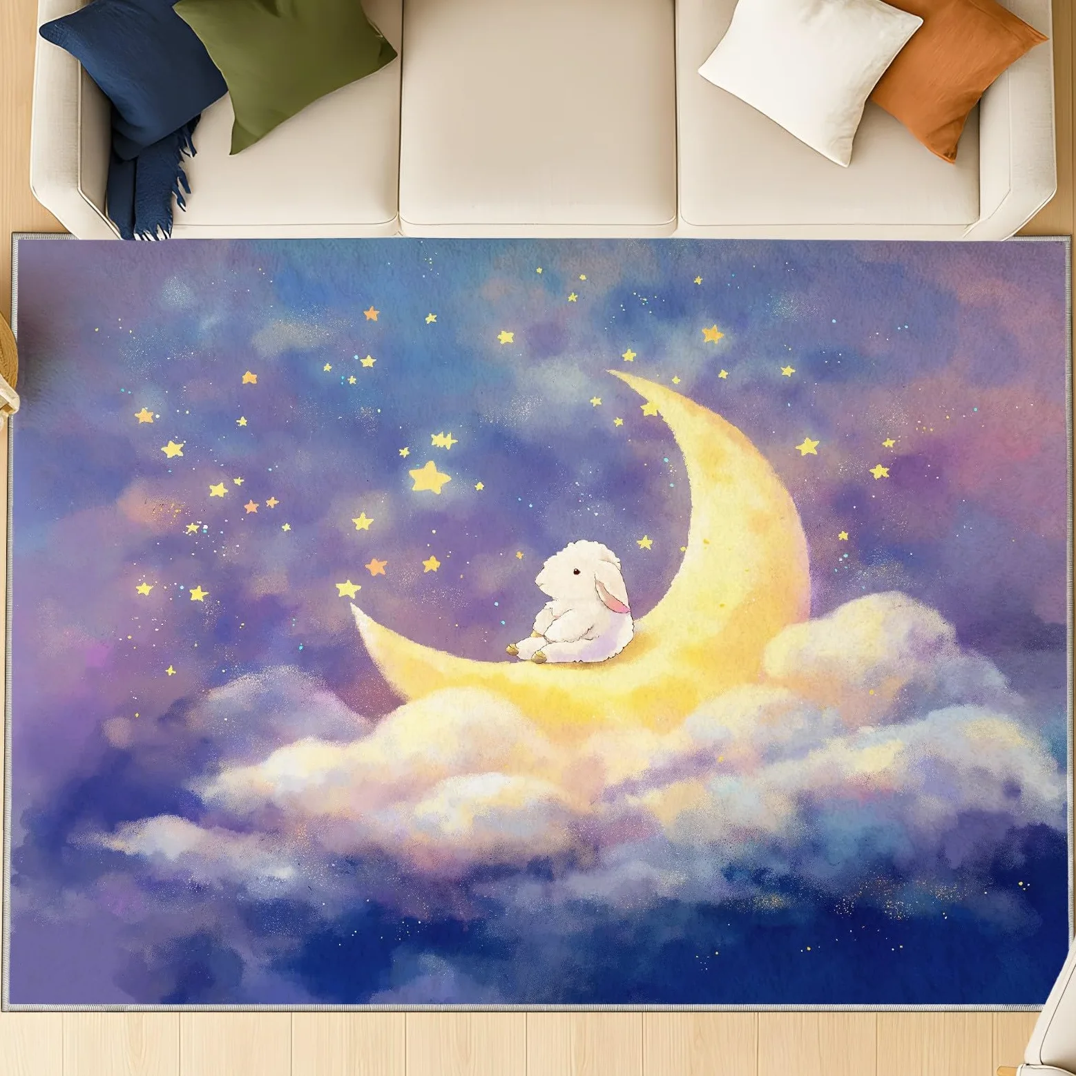 Générique Tapis de Onirique Animal Ciel Étoilé Dessin Animé Garçons Filles Adolescents Tapis de Lune Agneau Antidérapant Flanelle Tapiss pour Salon Chambre à Coucher Chambre d'enfant 90 x 150 cm