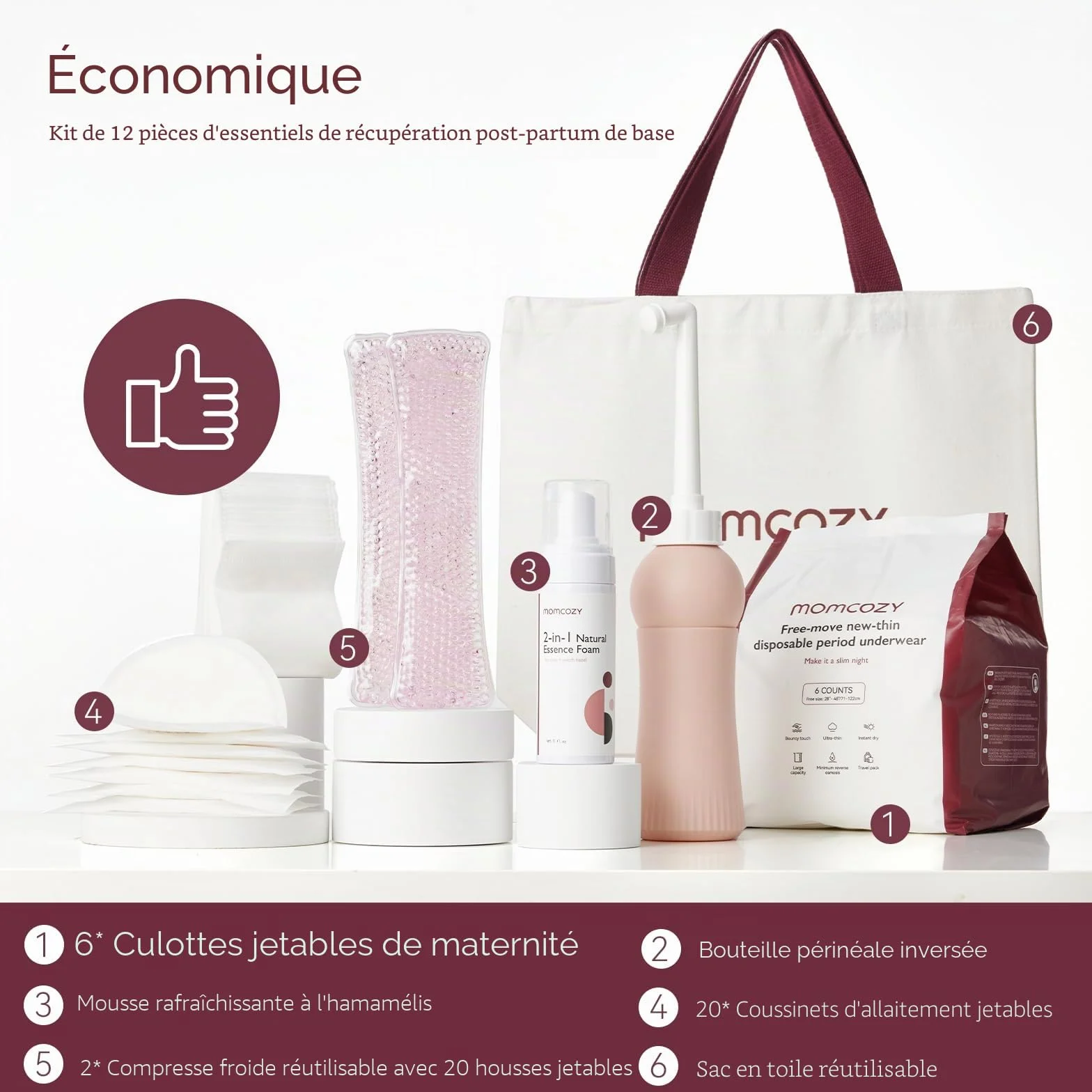 Momcozy Kit essentiel de récupération post-partum, sous-vêtements jetables auto-absorbants, coussinets d'allaitement