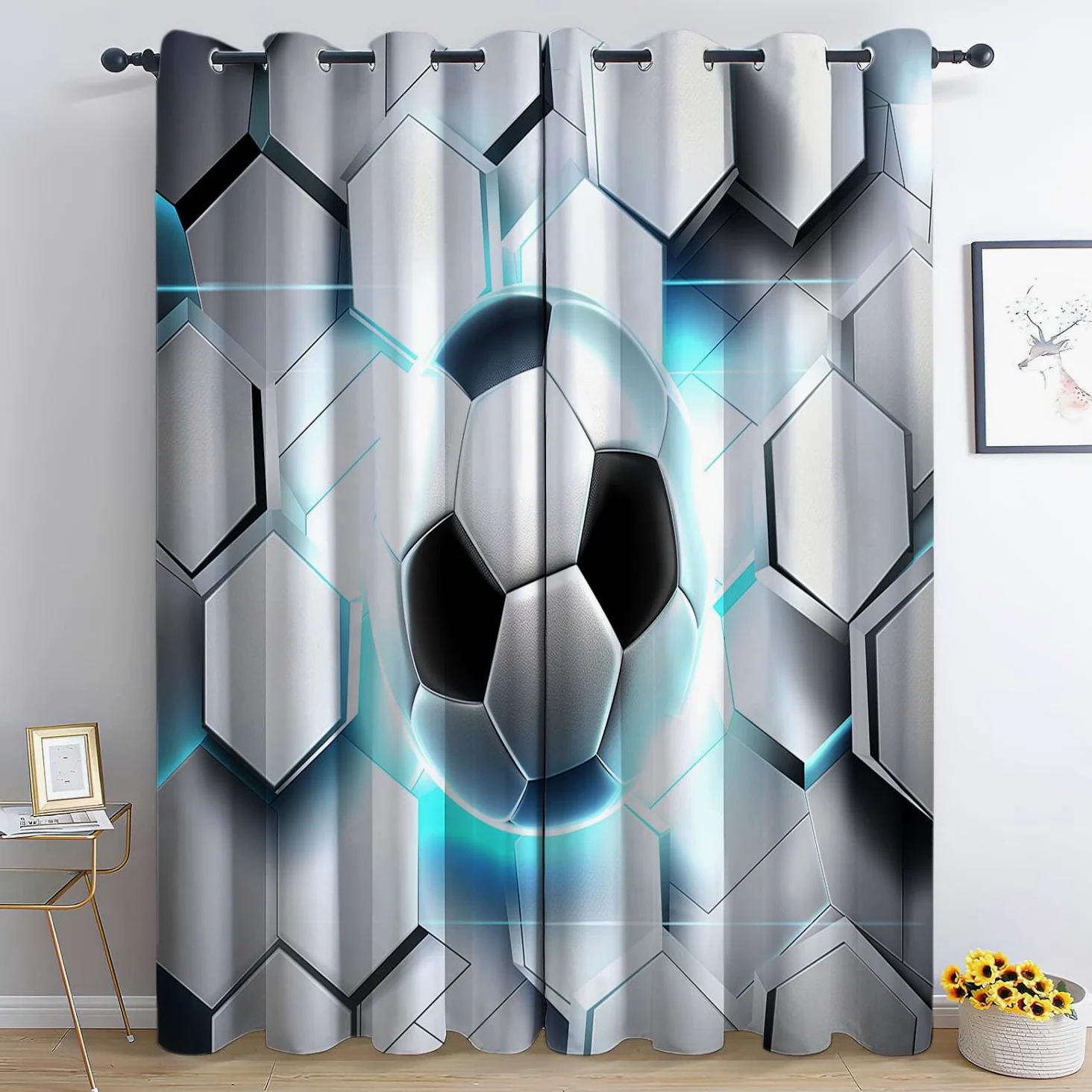 Lot de Rideaux Occultants à Oeillets Isolant Thermique Anti Froid Ballon de Foot Hexagonal animé Imprimés Blanc, Rideaux Salon Chambre pour Enfant Garcon, 110L X 215H cm (2 Panneaux)