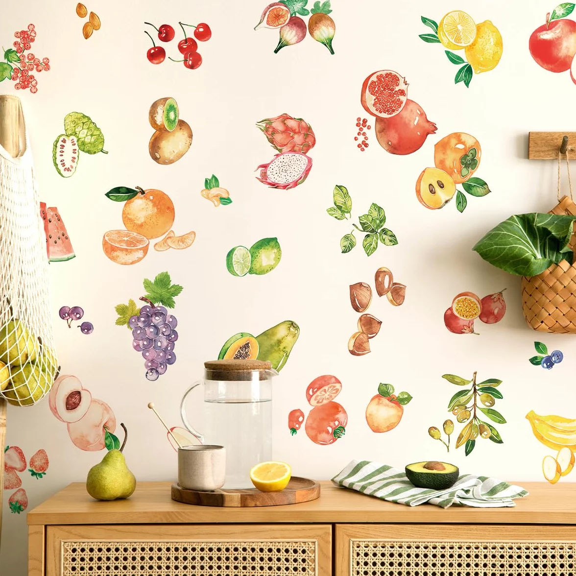 Lot de 2 feuilles d'autocollants étanches pour réfrigérateur - Autocollants décoratifs Fruits aquarelle Mural Vinyle
