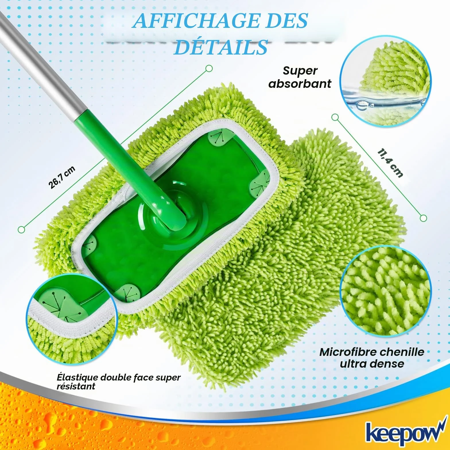 KEEPOW Chiffons Réutilisables Compatibles Swiffer Balai, Lavables, Microfibres pour Swiffer Sweeper Mop, Sec et Humide