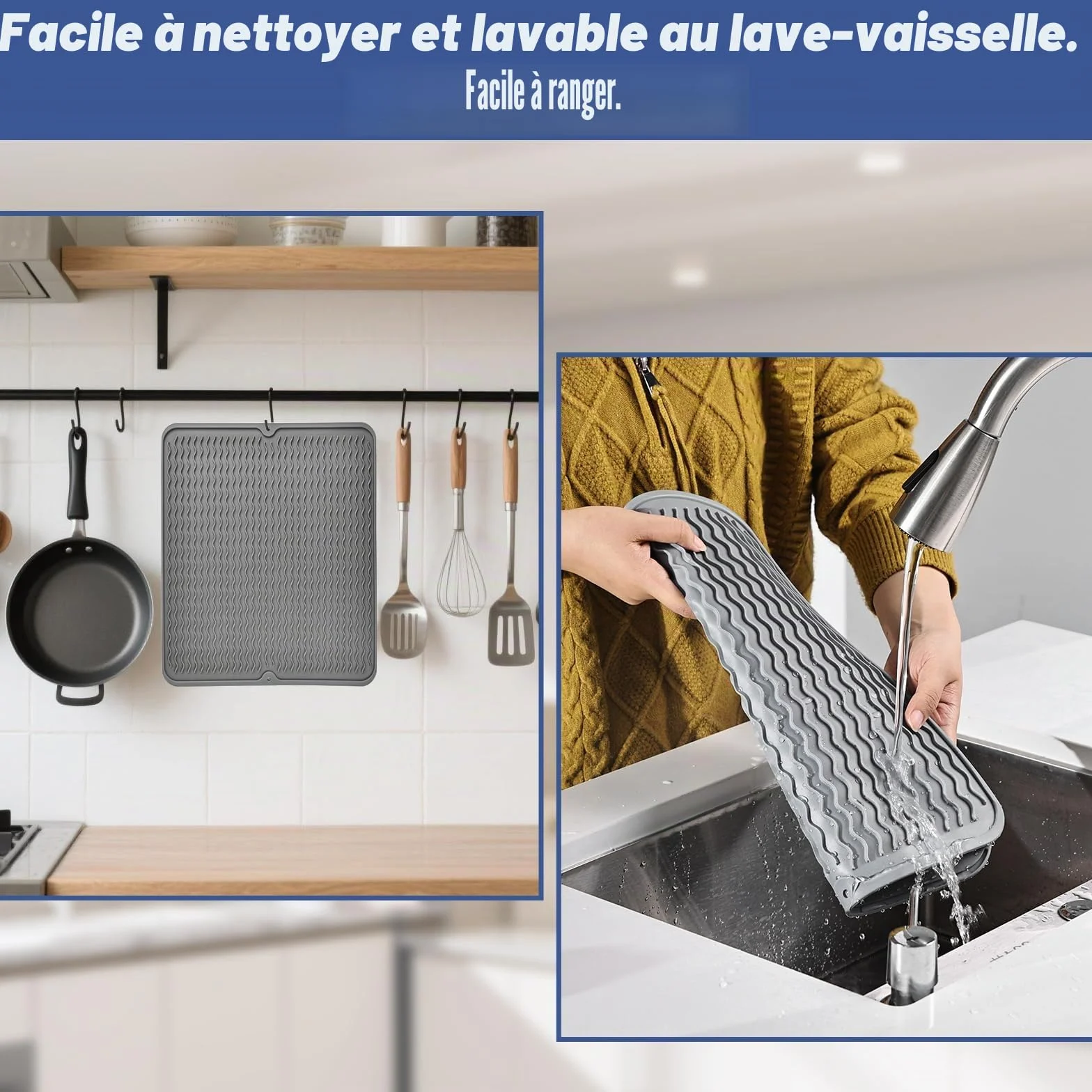 KitchenRaku Tapis Égouttoir en Silicone Résistant à la Chaleur Antidérapant Dessous de Plat