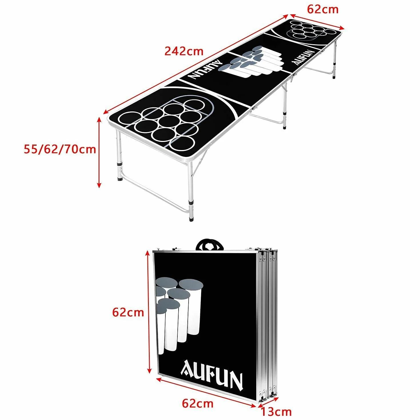 NAIZY Table Beer Pong Premium Réglable Hauteur Aluminium MDF 242x62cm Noir avec 100 Gobelets 5 Balles