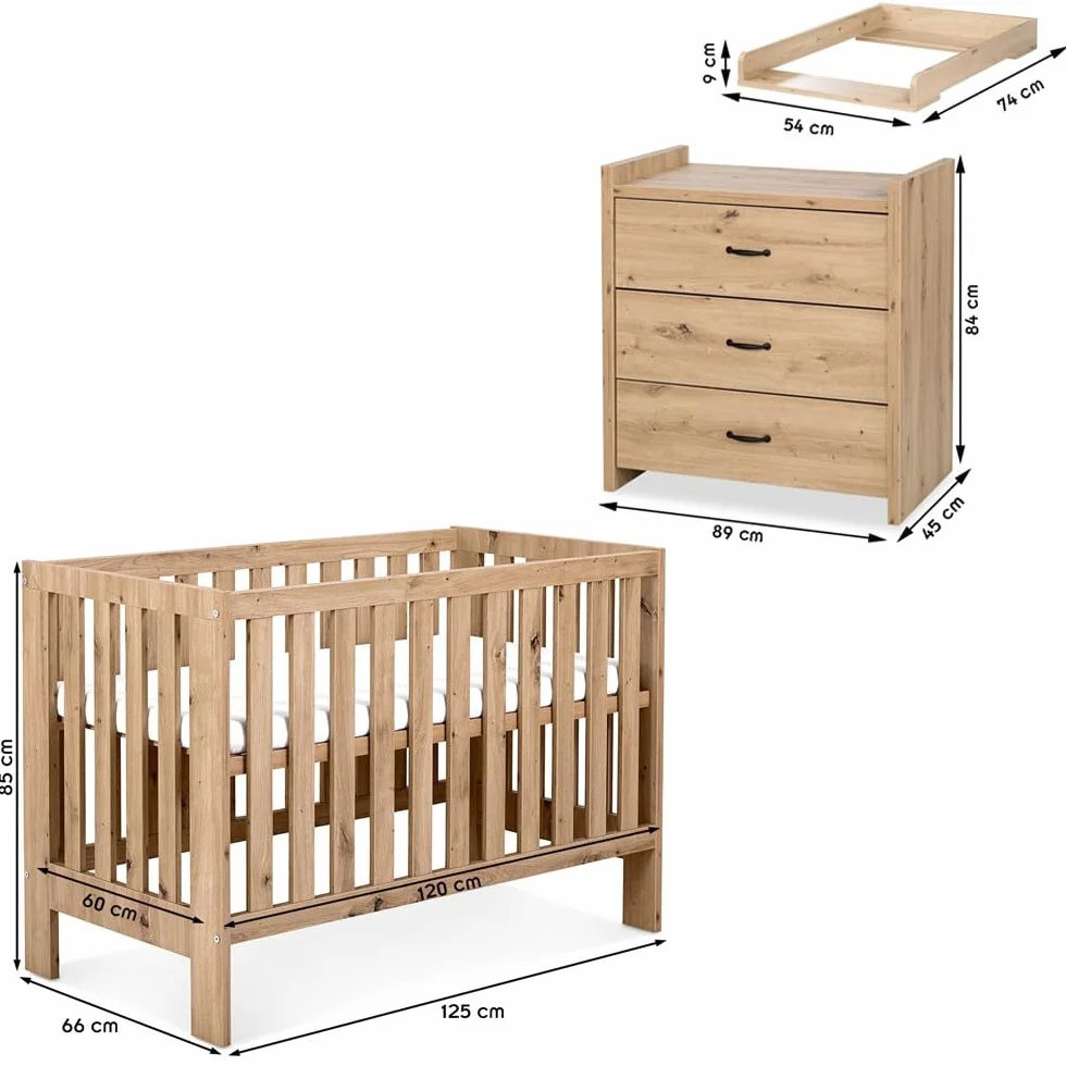 Mon Mobilier Design Amelia II Ensemble bébé Commode à Langer et lit évolutif 120x60 Chêne