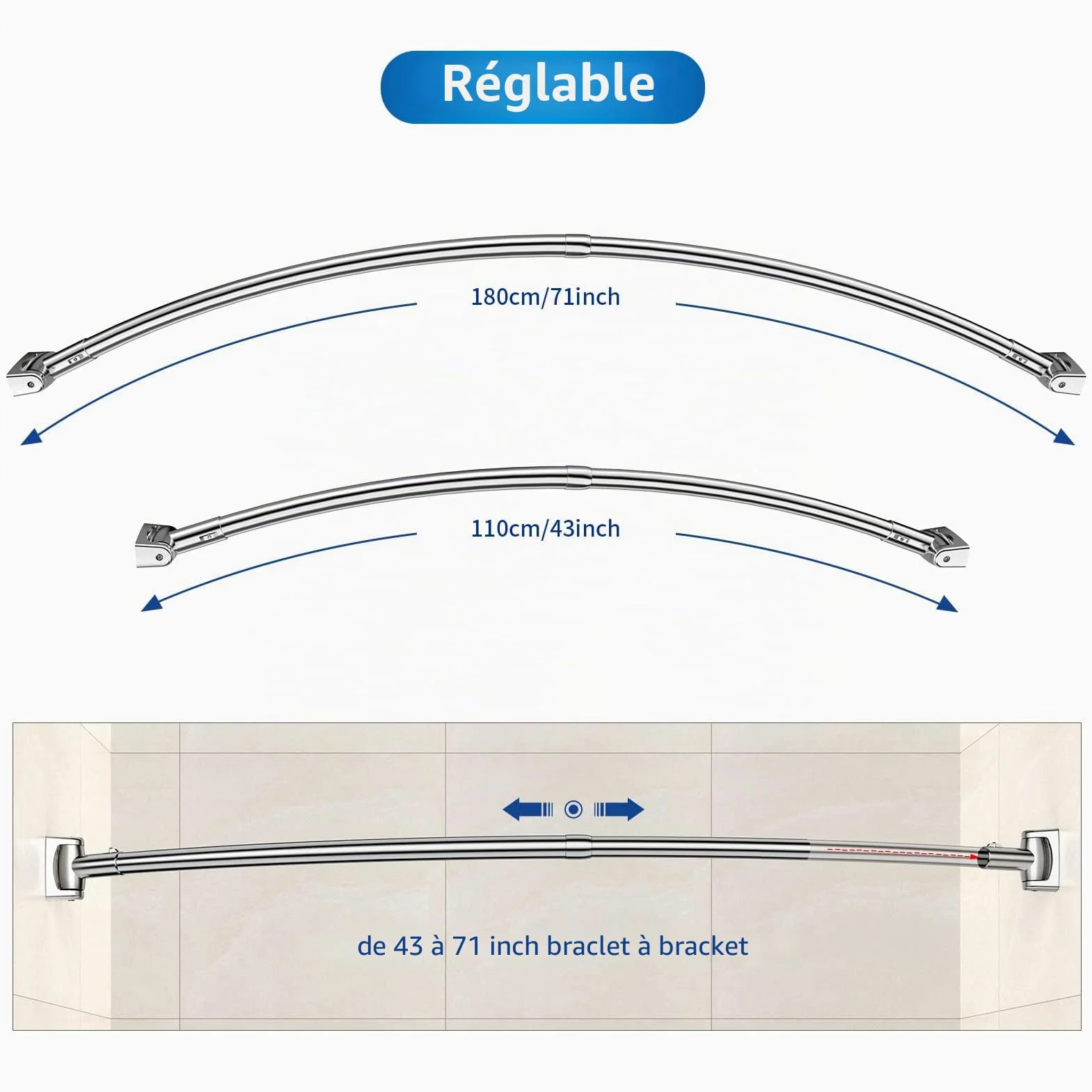 Tringle à rideau de douche incurvée réglable et extensible en acier inoxydable de 110 à 180 cm, design télescopique exquis personnalisable pour salle de bain, besoin de percer.