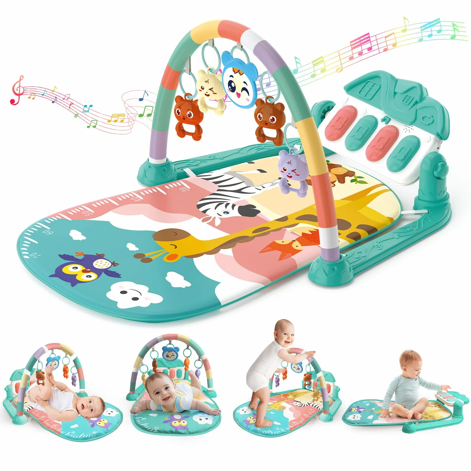 Tapis d'éveil Bébé 0-6 Mois avec Hochets et Musique de Piano, Tapis Sensoriel Motricité Vert