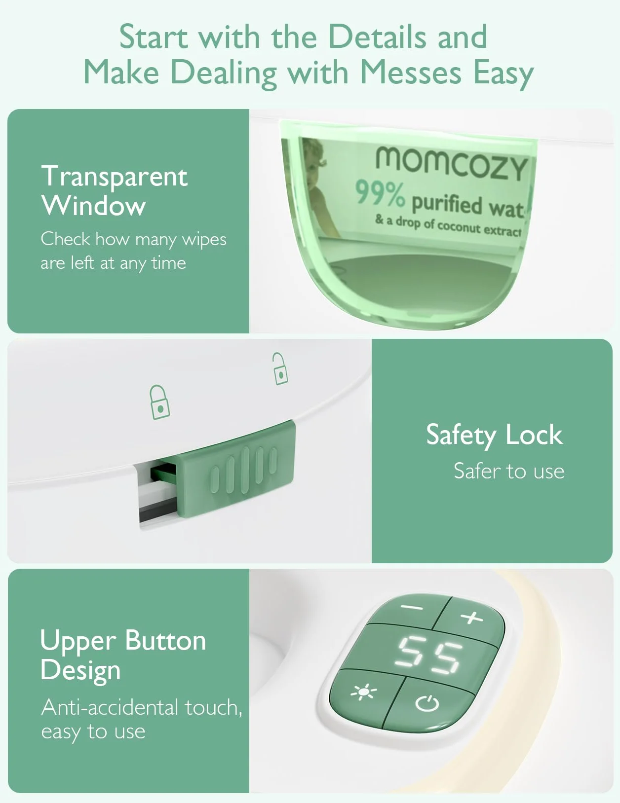 Momcozy Chauffeur de Lingettes Bébé – Design à ressort, grande capacité, chauffage rapide uniforme, 4 températures et veilleuse