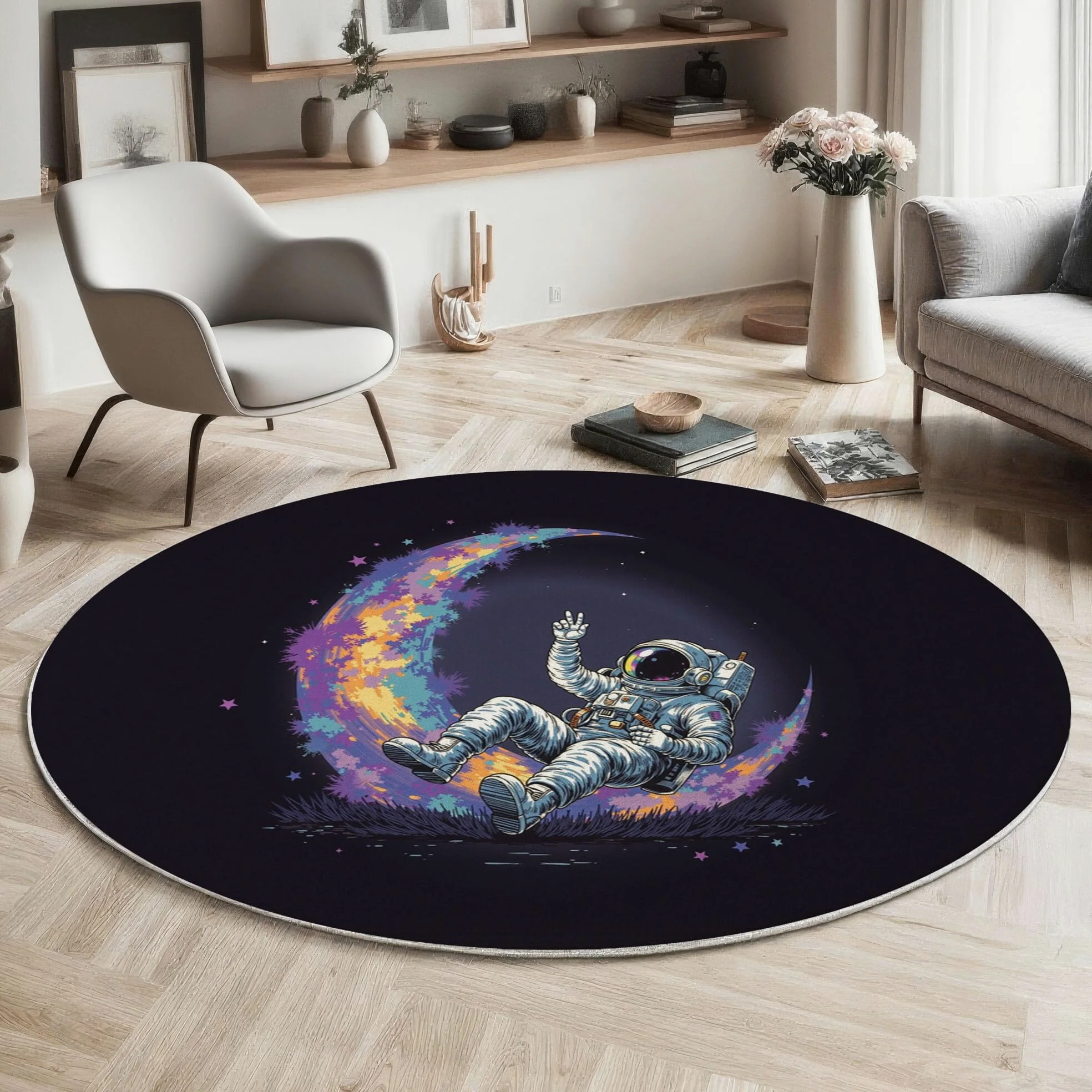 Tapis Rond Aquarelle Lune Astronaute 100 Cm, Lavable En Machine Pour Salon, Ne Perd Pas Ses Poils, Antidérapant | Tapis Affiche Science-Fiction Pour Chambre À Coucher Chambre D'Enfant, Noir Violet