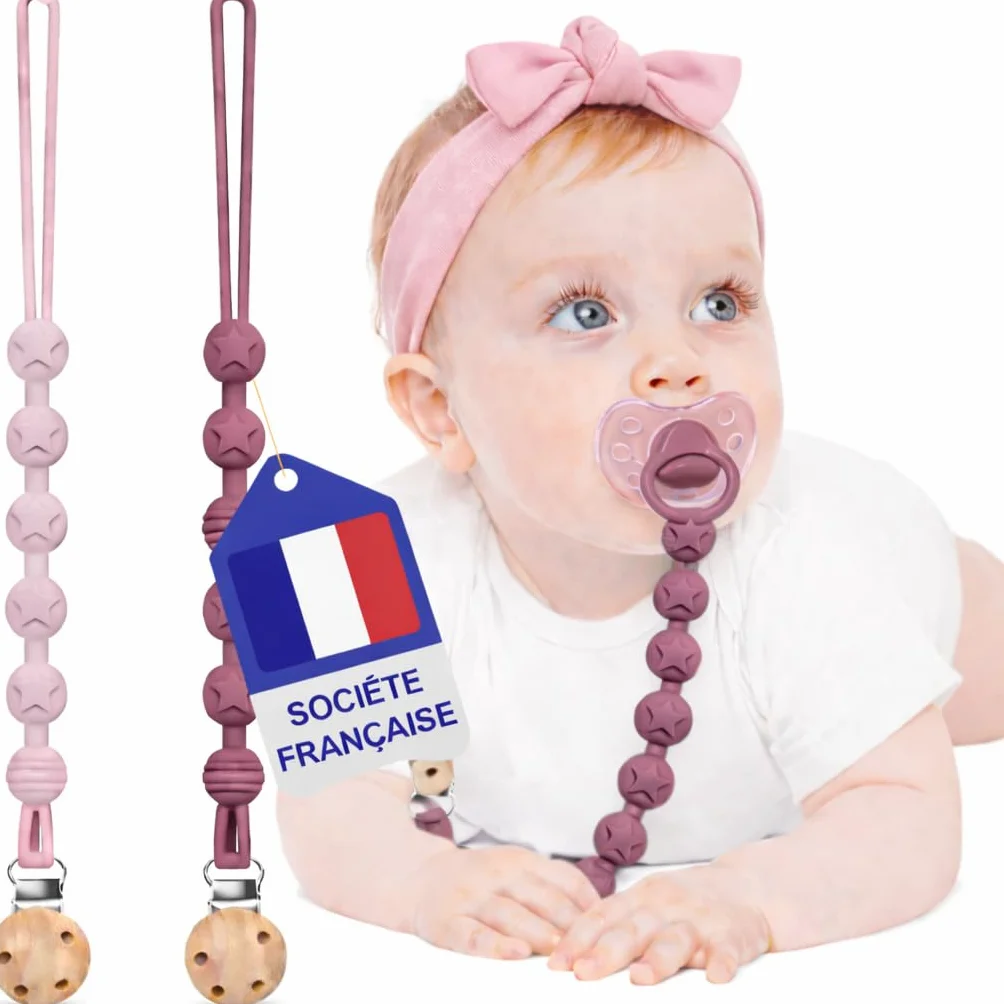 Attache Tétine Bébé en Silicone Lot de 2 - Rose Foncé et Rose Clair