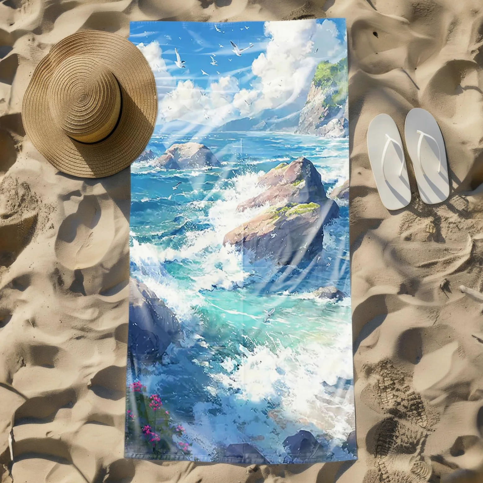 Tapis de Plage XXL Anti Sable Plage Mouettes Serviette Piscine Adulte,Natte De Plage Pliable, Voyage Accessoires De Plage Camping,Serviette de Bain Personnalisée