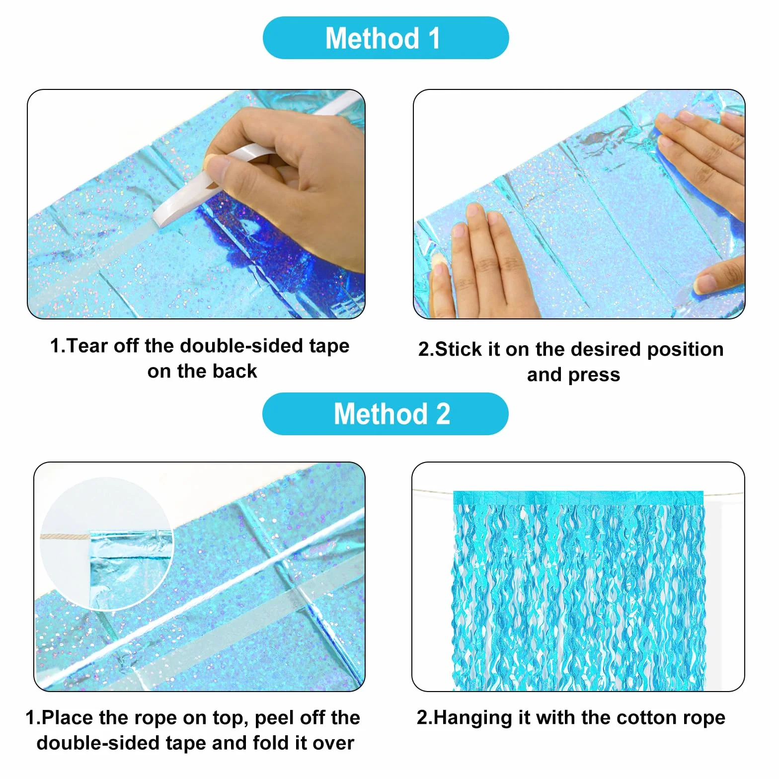 Rideau Décoratif Métallique Effet Ondulé G2PLUS 2 Rideau Franges Vagues Bleu pour Anniversaire Fille Fête Sirène