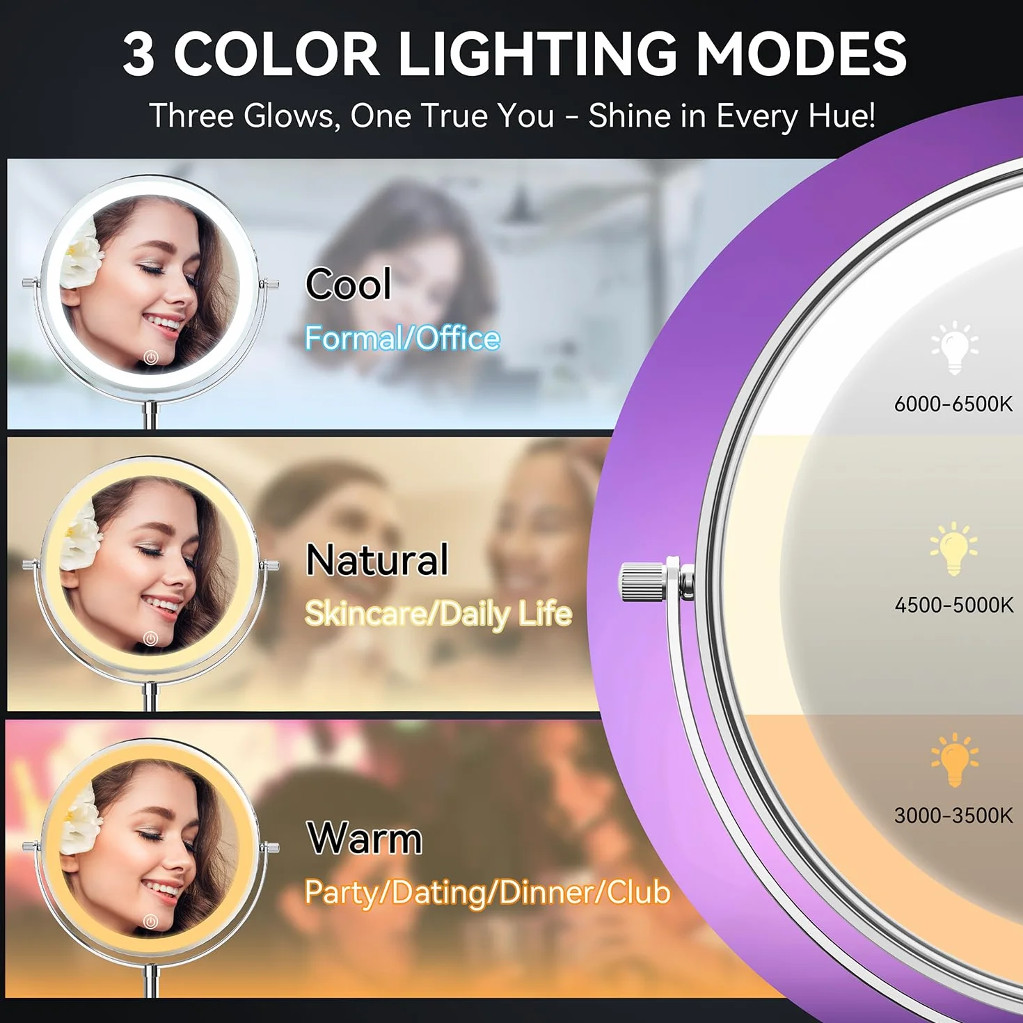 Auxmir Miroir Grossissant Lumineux 1X/30X Double Face, Miroir de Maquillage Réglable 38-47 cm, 3000mAh USB, 3 Couleurs, Rotation 360°
