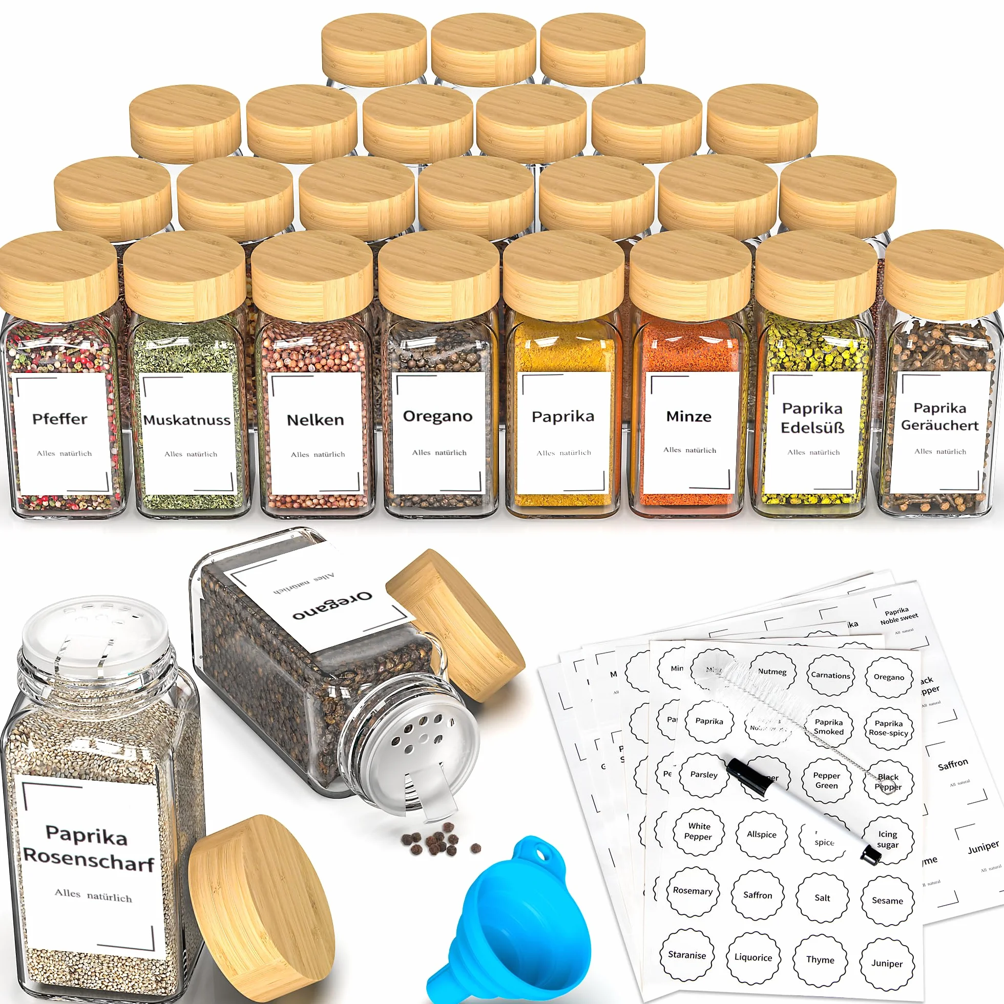 Pots à épices carrés 120 ml avec couvercle, lot de 24, entonnoir, saupoudrer, autocollants vides, tamis