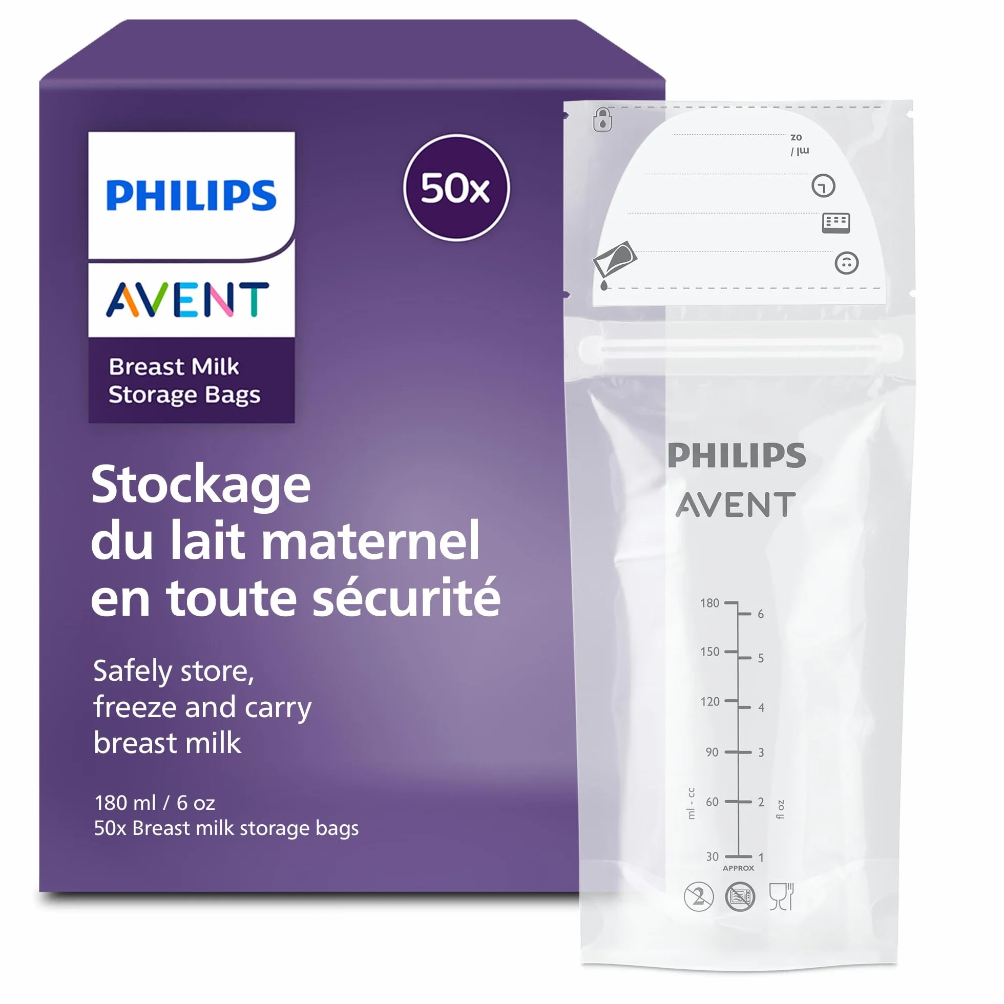 Philips Avent Sachets conservation lait maternel 180 ml 50 pièces pré-stérilisés sans BPA anti-fuites
