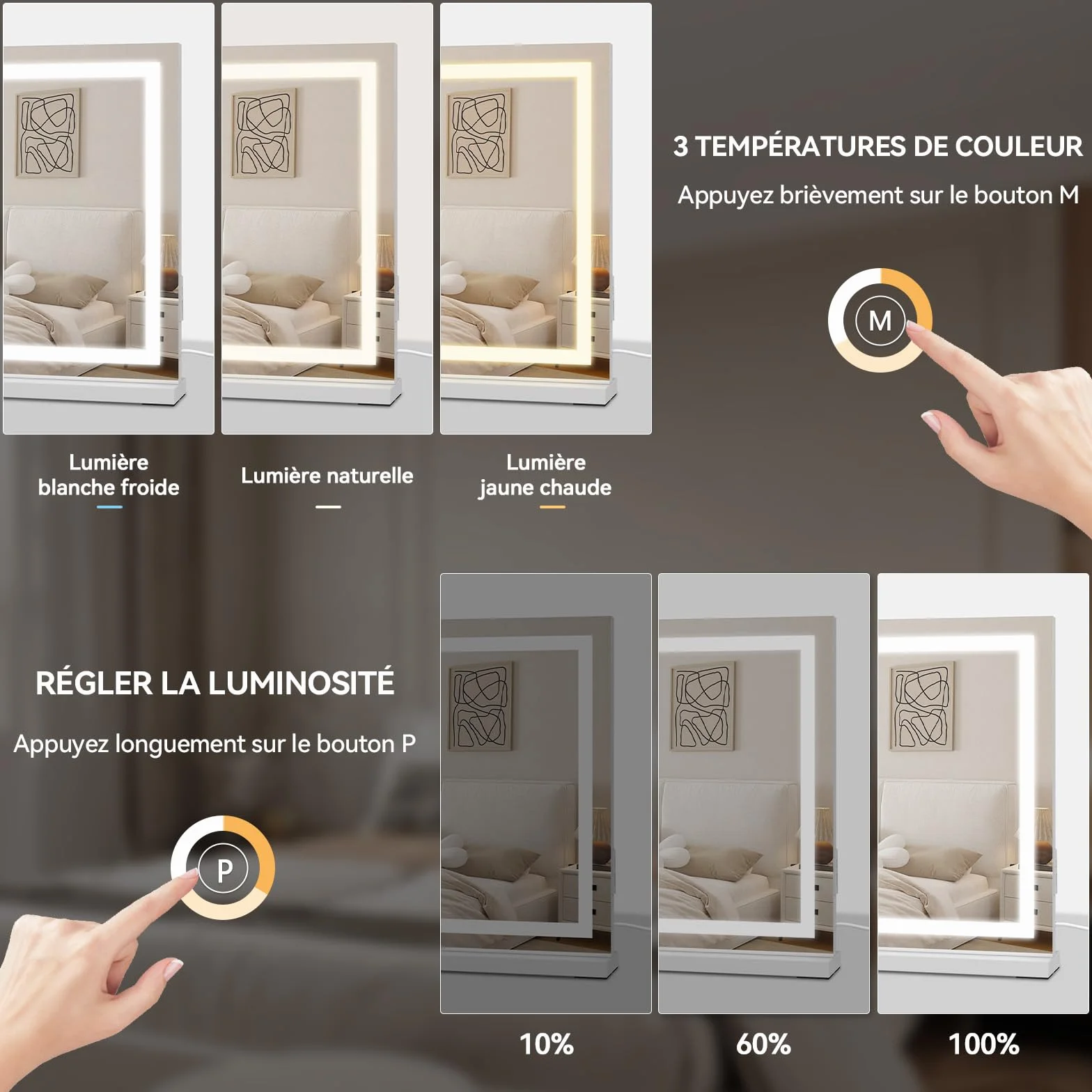 YOURLITE Miroir Maquillage Lumineux LED 58x45cm Hollywood 3 Températures de Couleur Tactile USB Loupe 10x