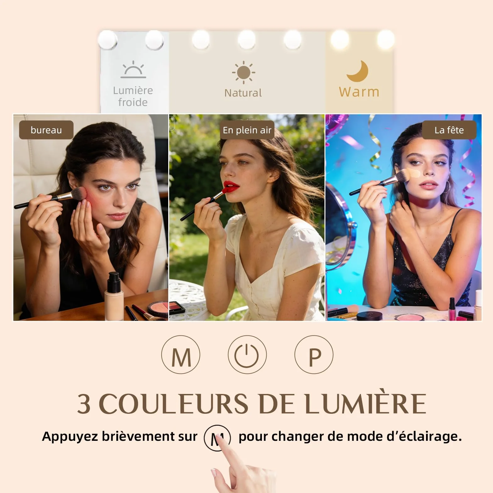 Miroir Coiffeuse de Maquillage 58×46 cm LED 15 Lampes Super HD Grossissement ×10 3 Couleurs Intensité Réglable USB