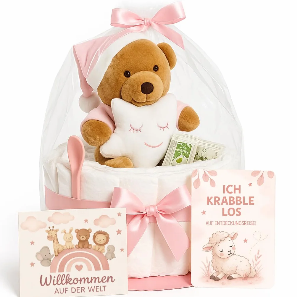 Gâteau de couches pour bébé fille - Rose - Cadeau de naissance et baptême avec doudou