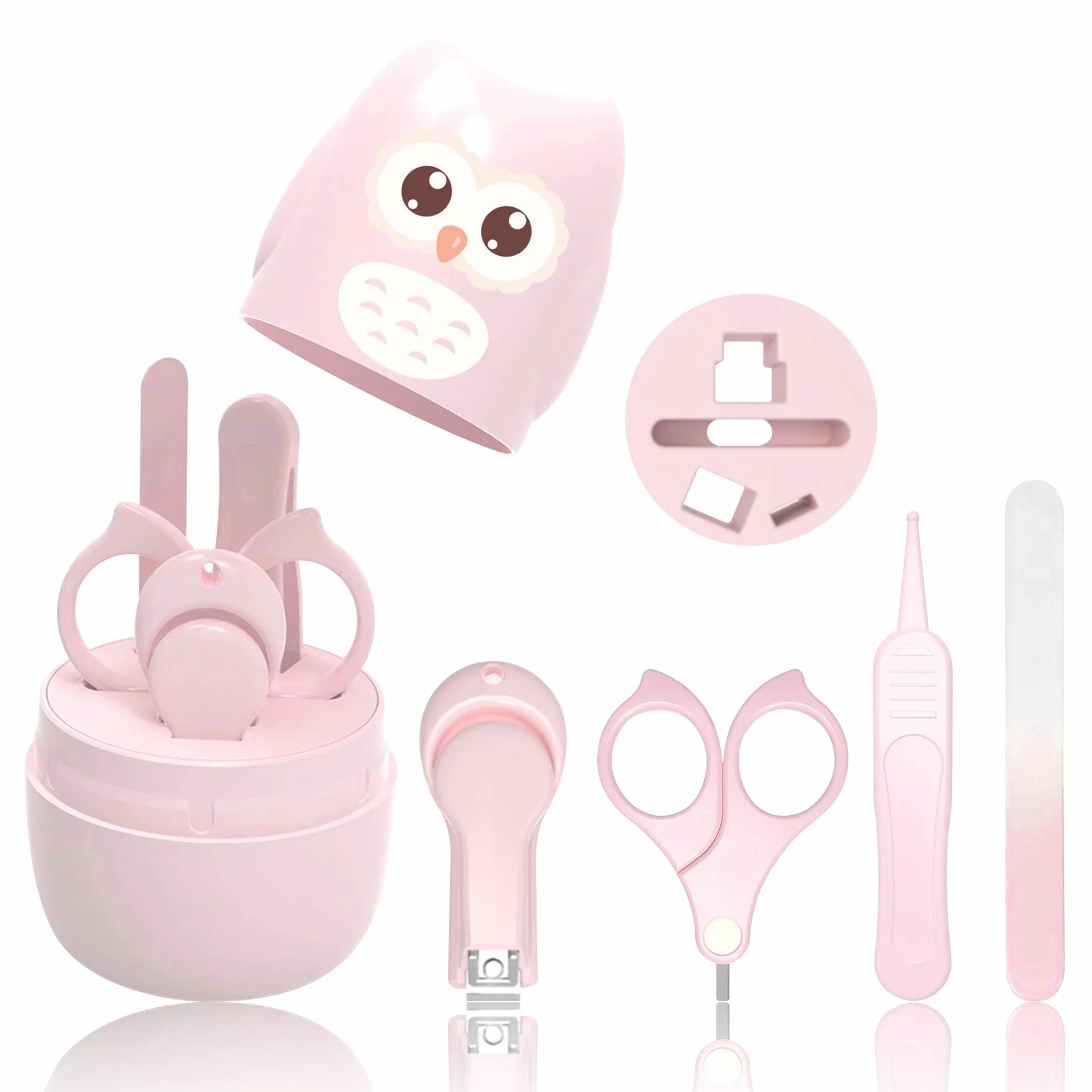 Kit Manucure Bébé 4-en-1 Coupe-Ongles Ciseaux Lime Pince à Épiler Soins Ongles Nouveau-né Rose