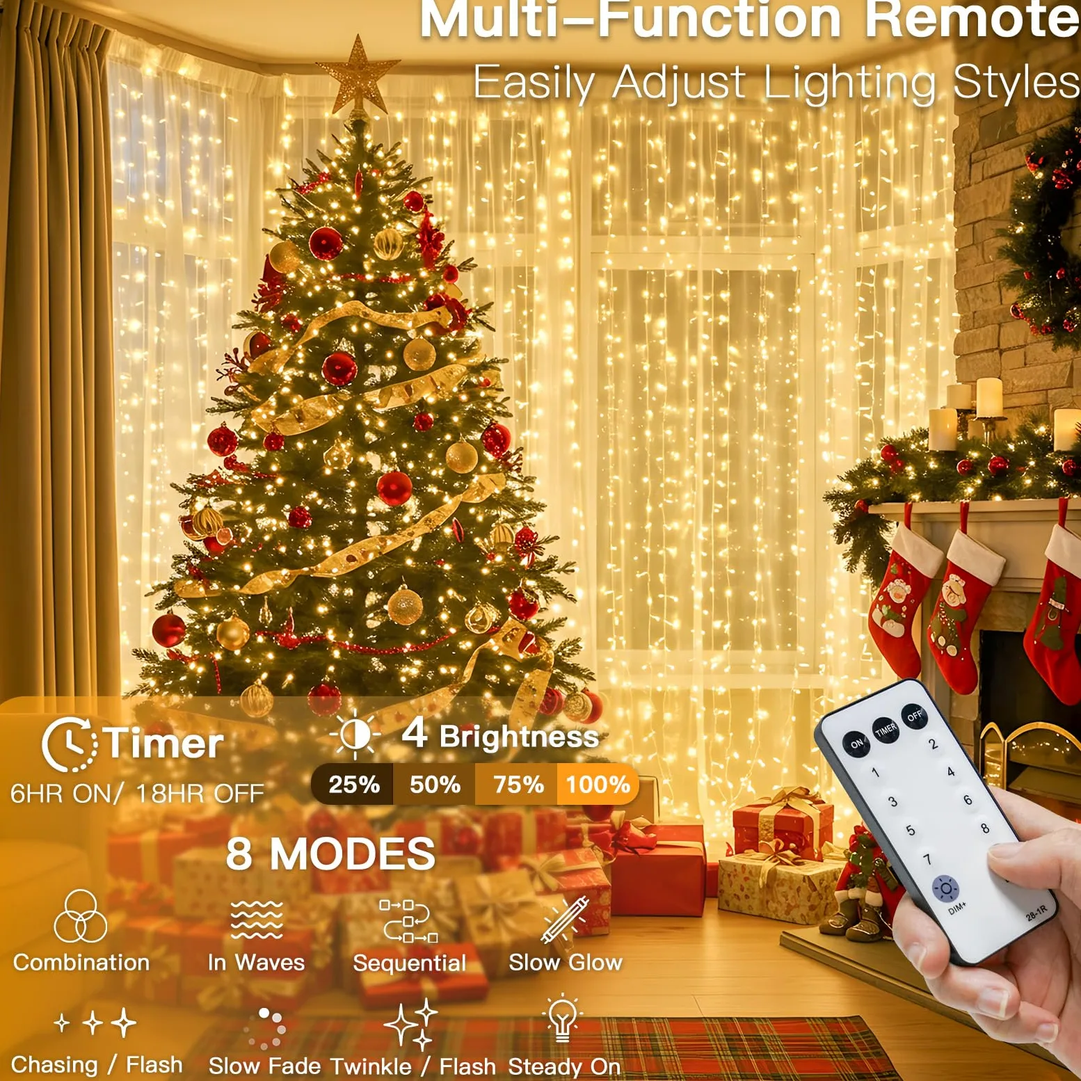 suddus Rideaux lumineux de Noël à 600 DEL pour extérieur, 3 x 6 m, à brancher avec télécommande, lampes murales pour Noël, dortoir, mur, fenêtre, mariage, fête, décoration d'anniversaire, blanc chaud