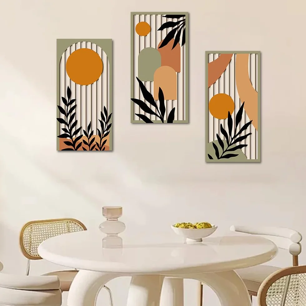 KiKiHong Décoration Murale en Bois Set de 3, Tableaux Murs Bois Motif Plantes & Géométrique Moderne 40 x 20 cm
