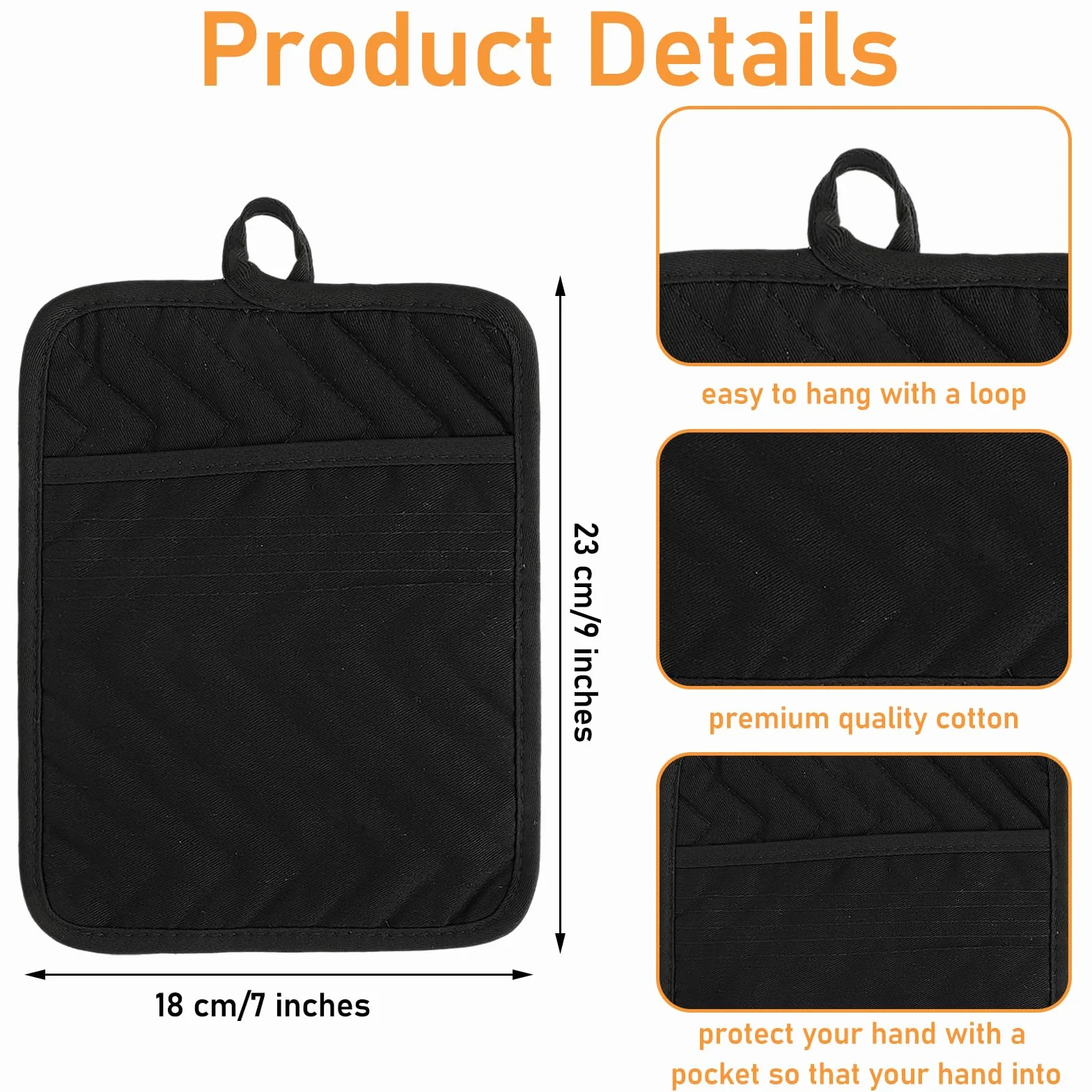 Sibba Maniques noires coton résistant chaleur dessous plat 17,8 x 22,9 cm grands sous-verres carrés cuisine pâtisserie