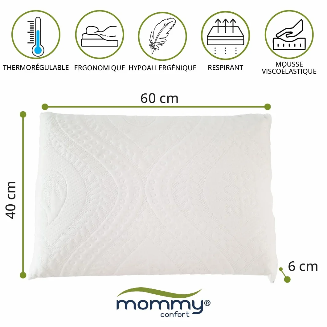 Oreiller Enfant Viscoélastique 40x60x6 Ergonomique Hypoallergénique Soutien Cervical Housse Lavable