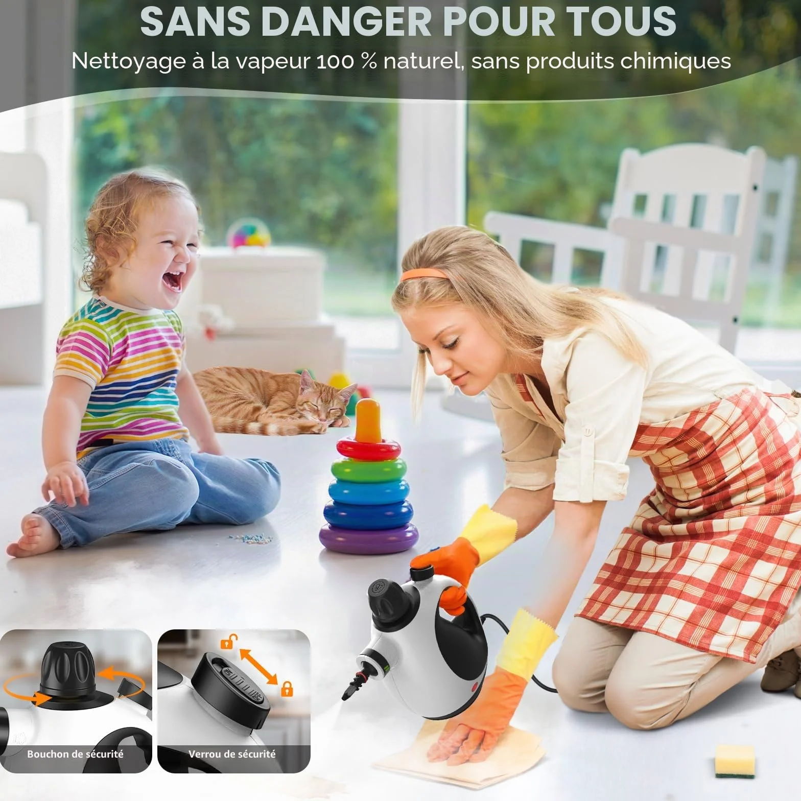 Nettoyeur Vapeur Portable avec Verrouillage de Sécurité et 14 Accessoires, Polyvalent pour Salle de Bain, Fenêtres, Cuisine (Noir&Blanc)