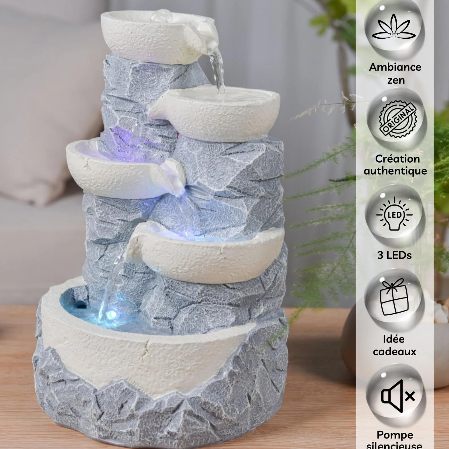 Fontaine d’Intérieur Cascade 4 Niveaux Jarre Effet Pierre Naturelle Lumière LED Coloré, Déco Zen, H 31cm – Ganda Zen’Light