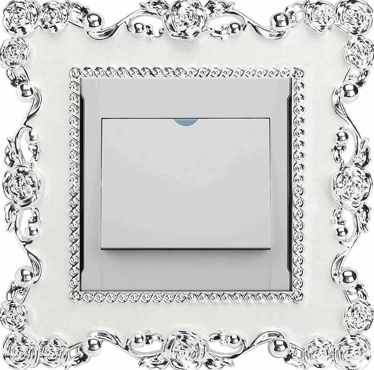 LATRAT Lot de 4 autocollants de luxe pour interrupteur 155 mm x 86 mm Fleurs blanches argentées Décoration murale