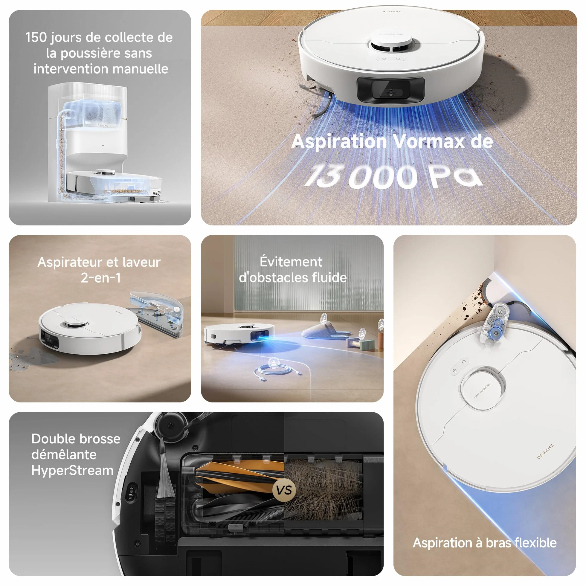 dreame D20 Pro Plus Robot Aspirateur 2-en-1, 13 000 Pa, Double Brosse, Auto-Vidage, Laser Navigation, Capteur Distance, Batterie 5200 mAh