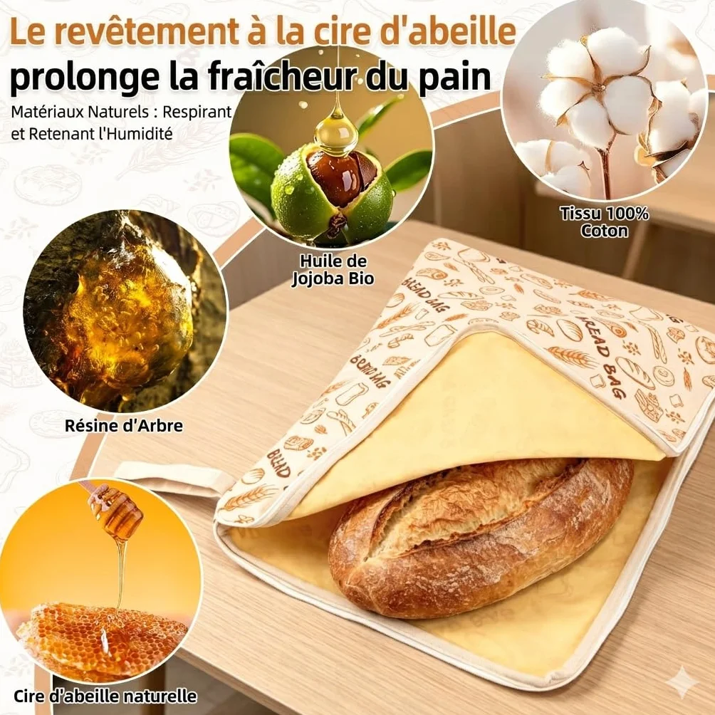Lot de 2 Sacs à Pain en Cire d'Abeille 43 x 33 cm avec Fermeture Éclair, Réutilisables pour Conservation du Levain et Baguette