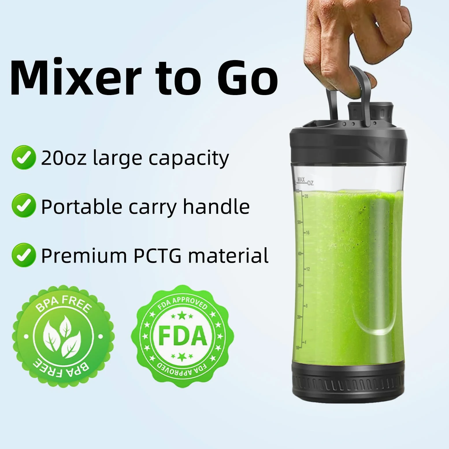 DENOKIN Mélangeur portable sans fil, 590 g, mélangeur personnel pour milkshakes et smoothies avec couvercle On Go et couvercle à siroter, petit mélangeur pour cuisine, maison, voyage