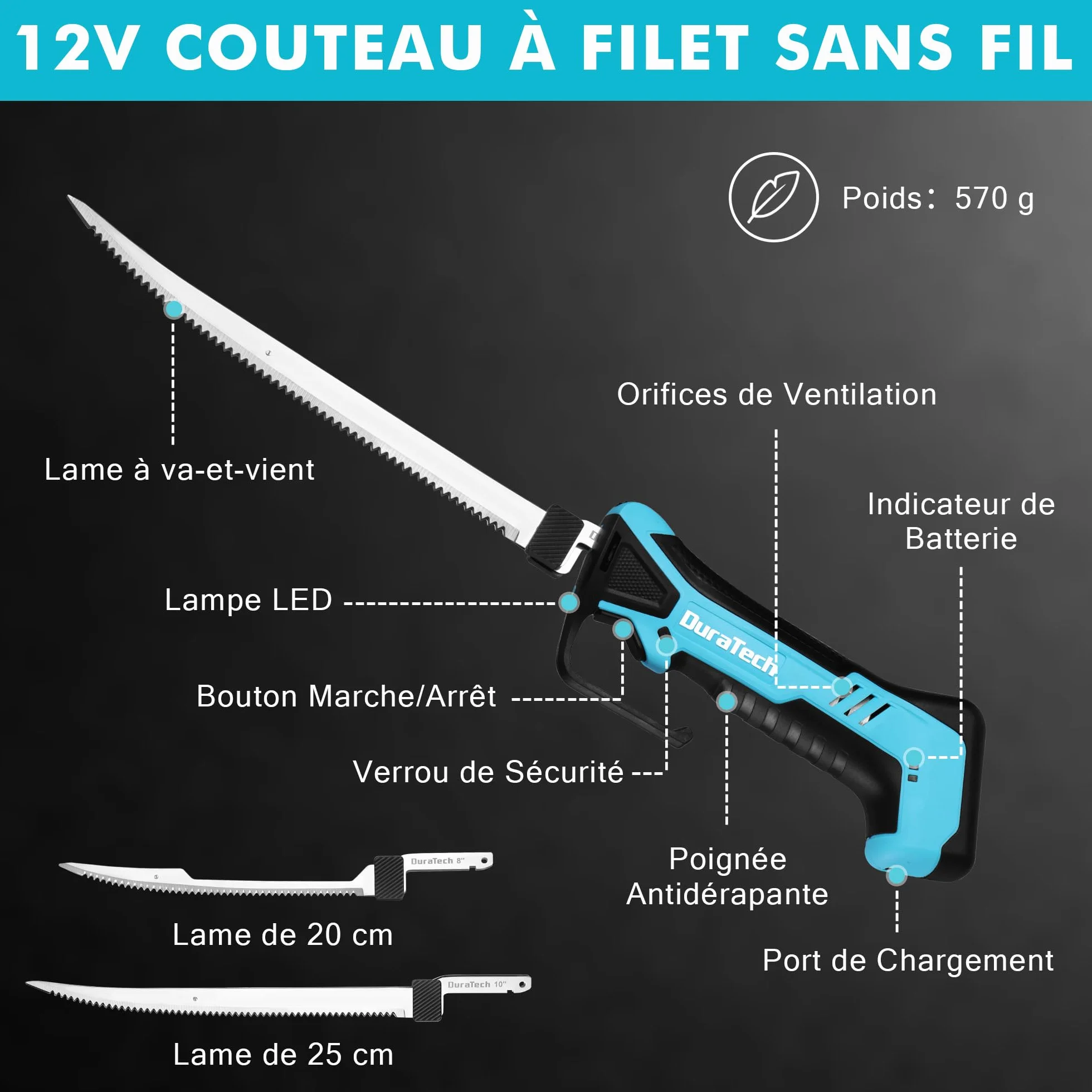 DURATECH Couteau à Filet Électrique sans Fil Rechargeable 2 Lames 20cm/25cm Poignée Antidérapante Verrou de Sécurité LED