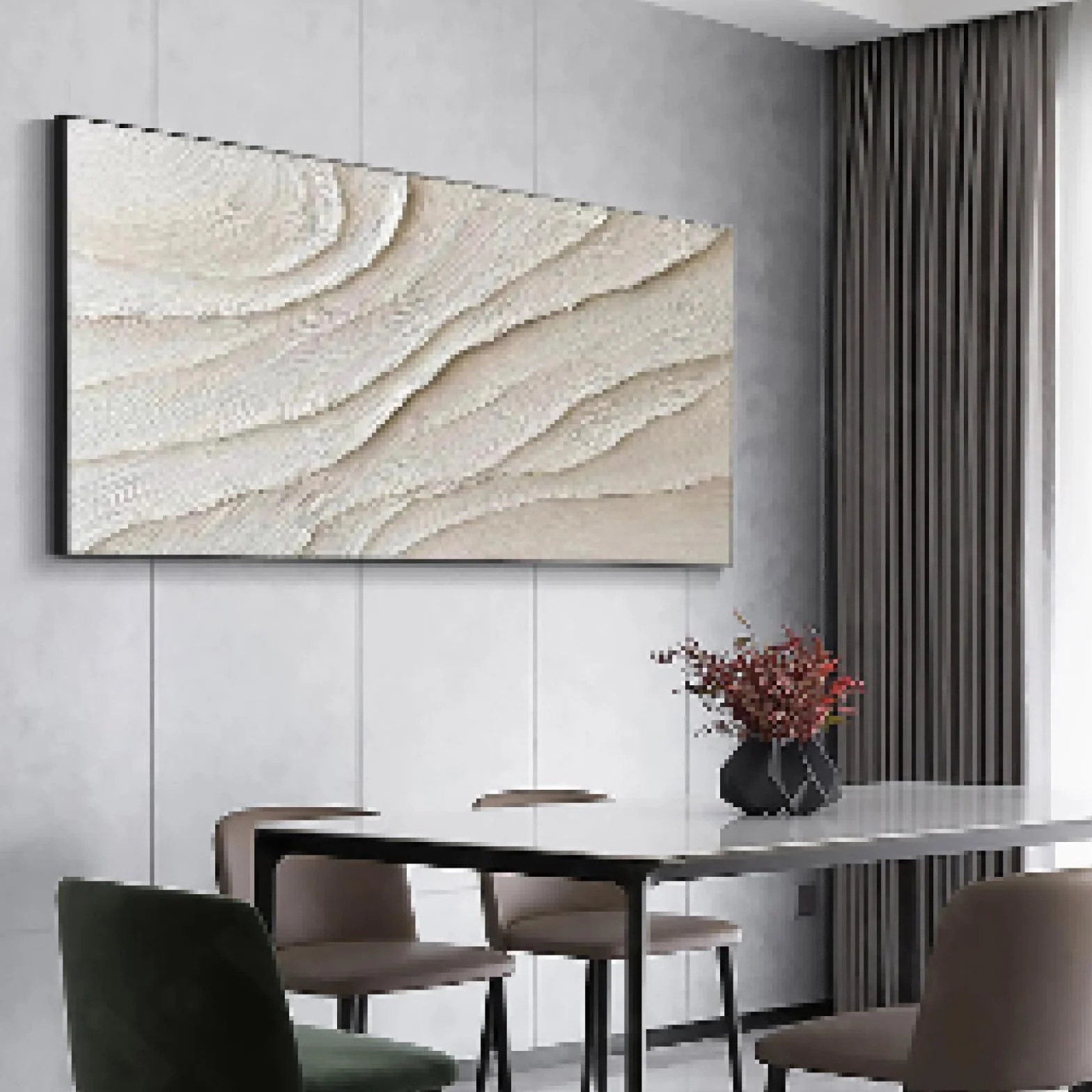 KEMEIQI Grande Peinture Abstraite 3D Beige et Blanche, Toile Minimaliste, Décoration Murale, 65 x 130 cm