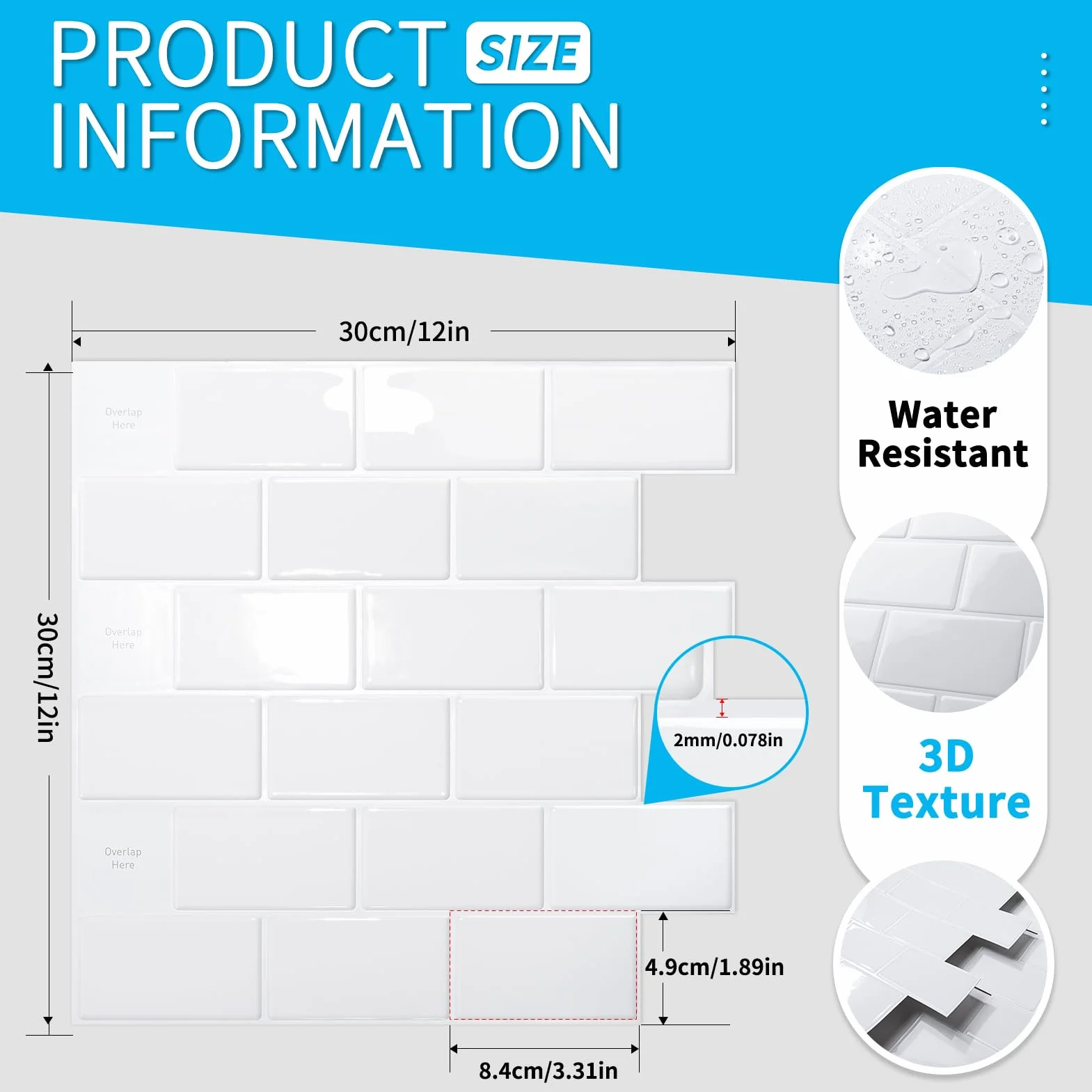 Autocollants pour carrelage mural Art3d Blanc Motif métro Lot de 10