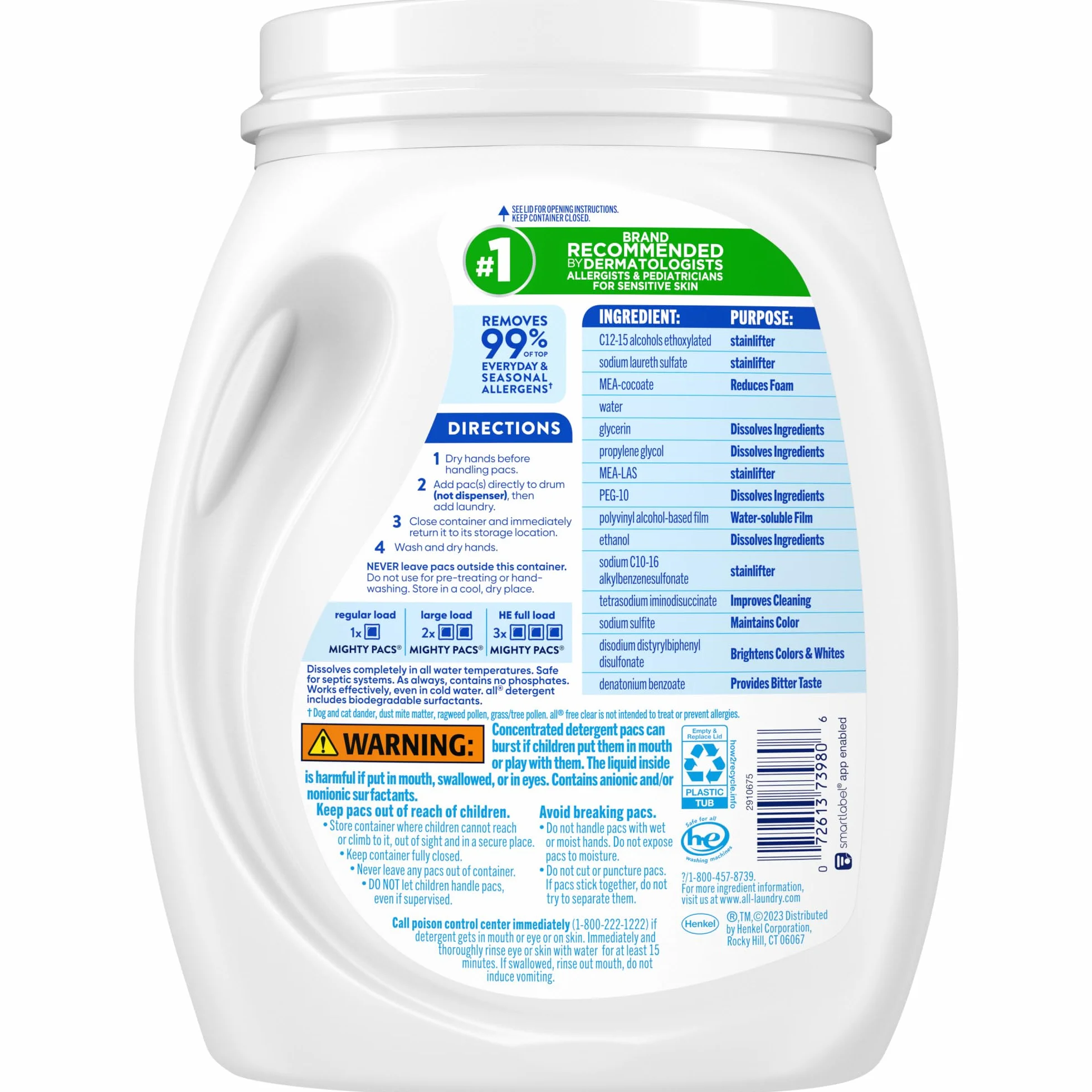 All Mighty Pacs Laundry Detergent Free Clear Sensitive Skin 66 Count (Lot de 2)