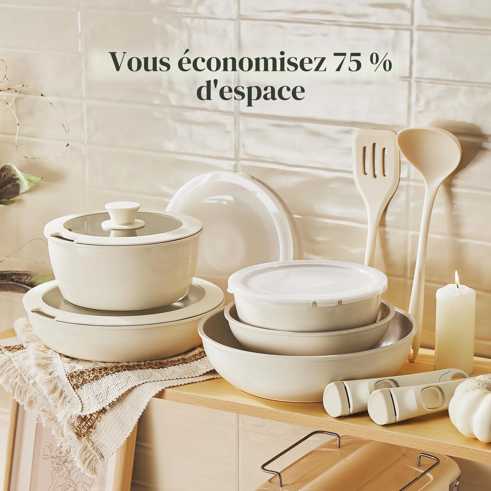 Redchef batterie de cuisine céramique 16 pièces antiadhésive induction sans PFAS beige